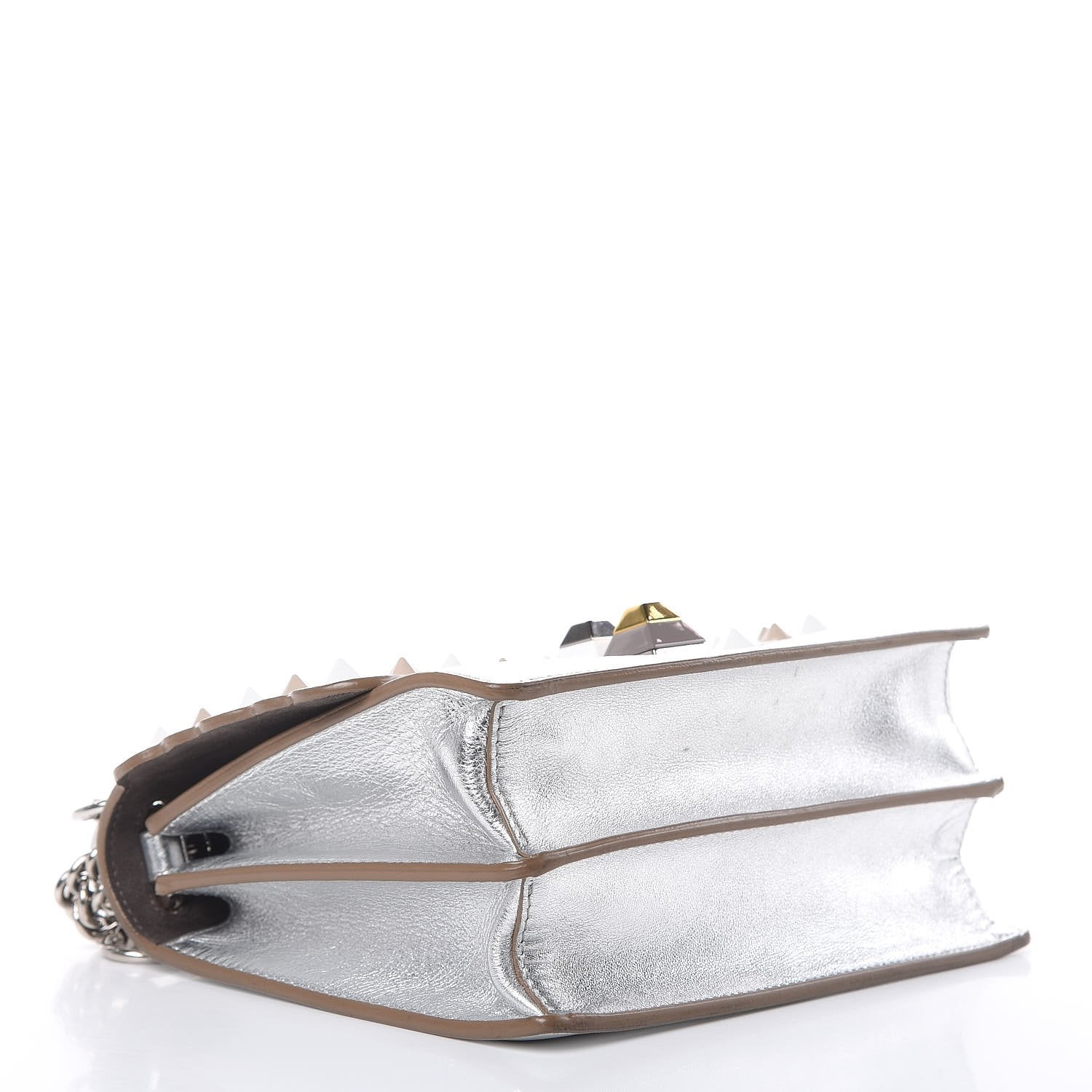 Fendi Kan I Metallic Silver Calfskin Scalloped Studded Small Shoulder Bag 8M0381 at_Queen_Bee_of_Beverly_Hills