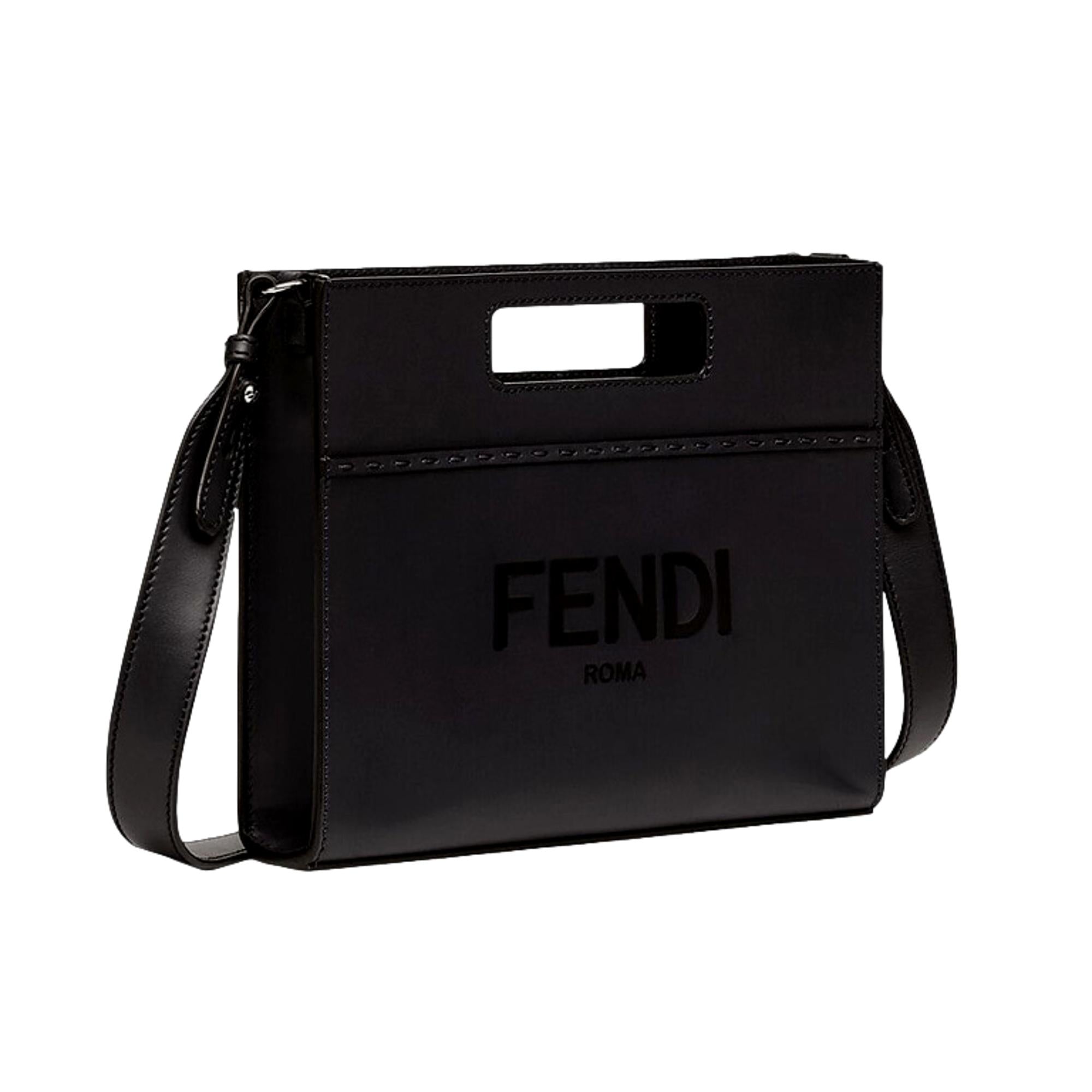 Fendi Logo 2-Way Smooth Black Leather Small Tote Bag 7VA547 at_Queen_Bee_of_Beverly_Hills