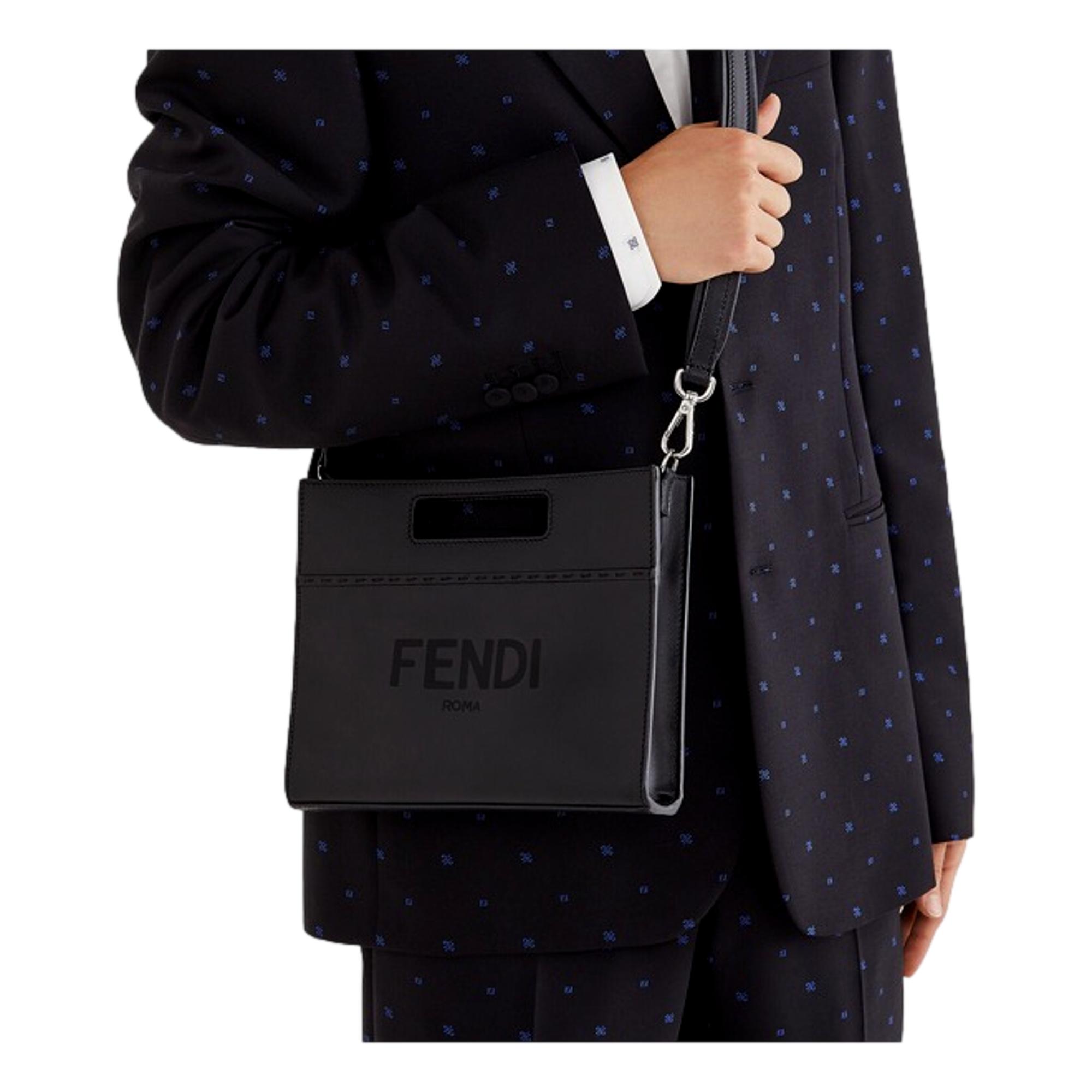 Fendi Logo 2-Way Smooth Black Leather Small Tote Bag 7VA547 at_Queen_Bee_of_Beverly_Hills