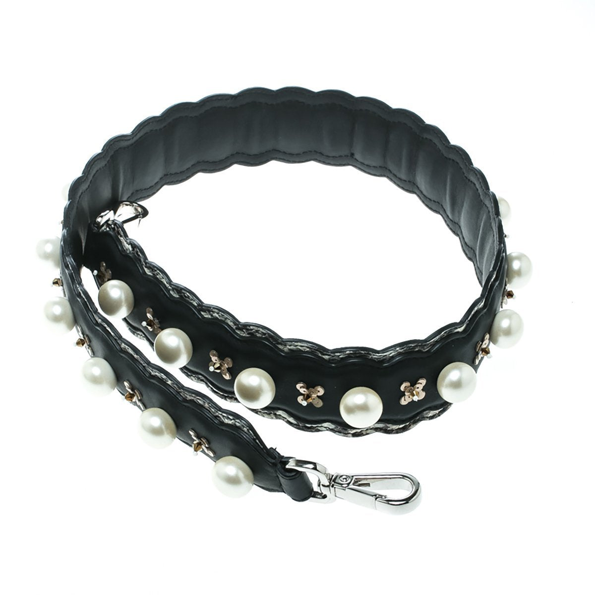 Fendi Strap You Black Pearl Leather Snakeskin Trim Sequin Shoulder Strap 8AV077 at_Queen_Bee_of_Beverly_Hills