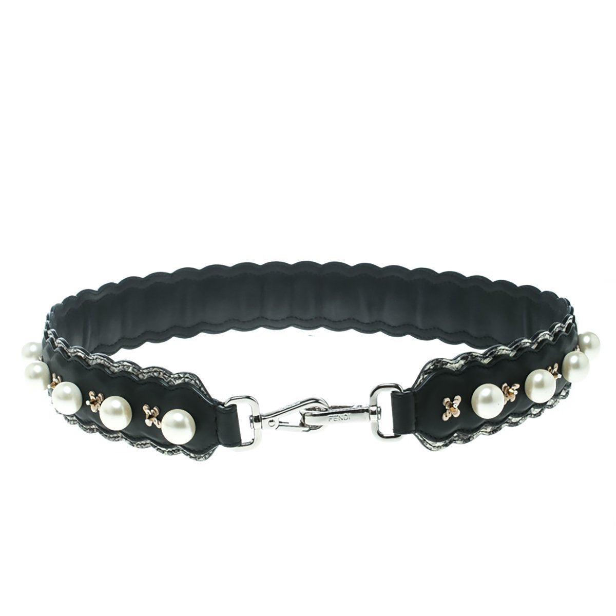 Fendi Strap You Black Pearl Leather Snakeskin Trim Sequin Shoulder Strap 8AV077 at_Queen_Bee_of_Beverly_Hills