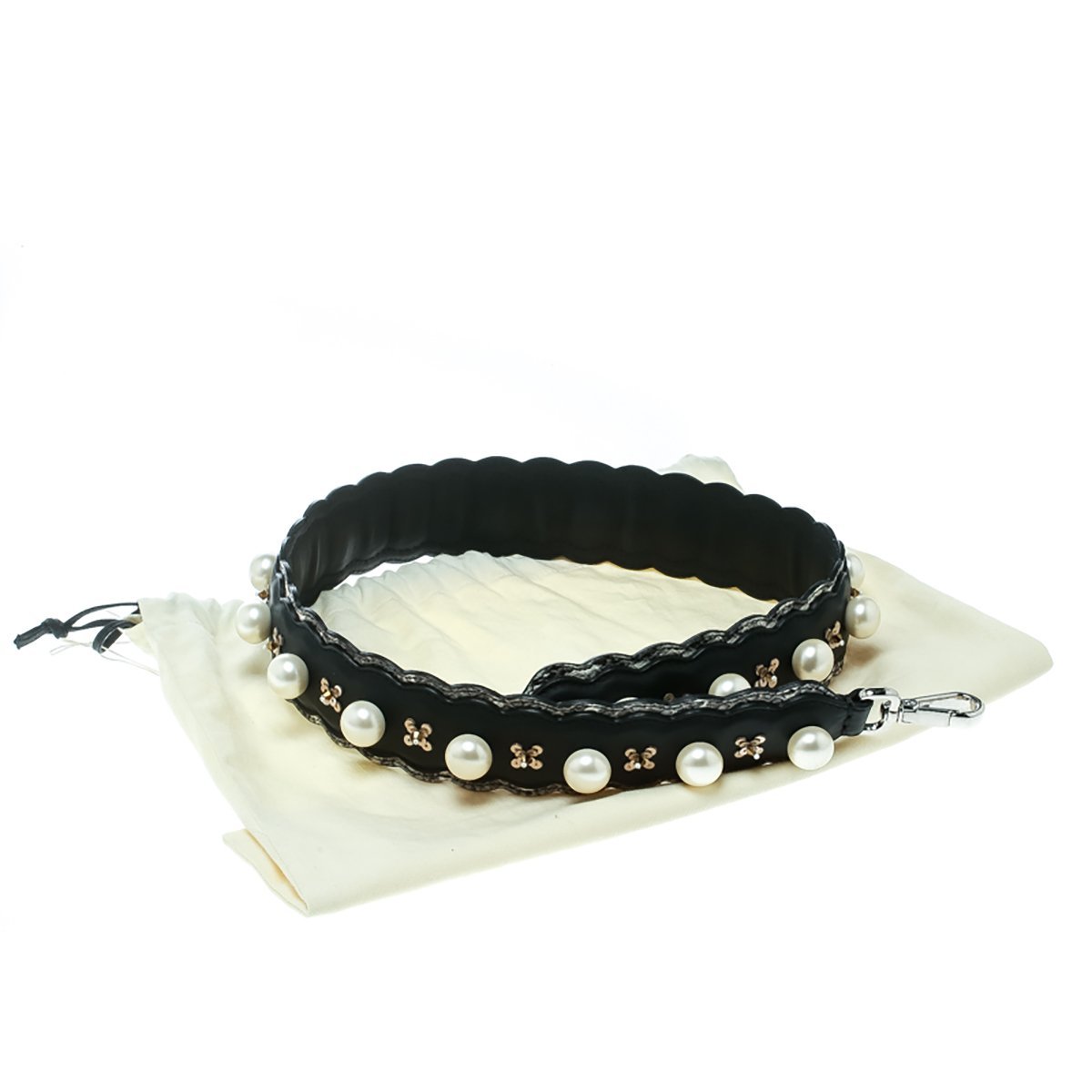 Fendi Strap You Black Pearl Leather Snakeskin Trim Sequin Shoulder Strap 8AV077 at_Queen_Bee_of_Beverly_Hills