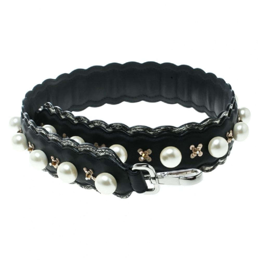 Fendi Strap You Black Pearl Leather Snakeskin Trim Sequin Shoulder Strap 8AV077 at_Queen_Bee_of_Beverly_Hills