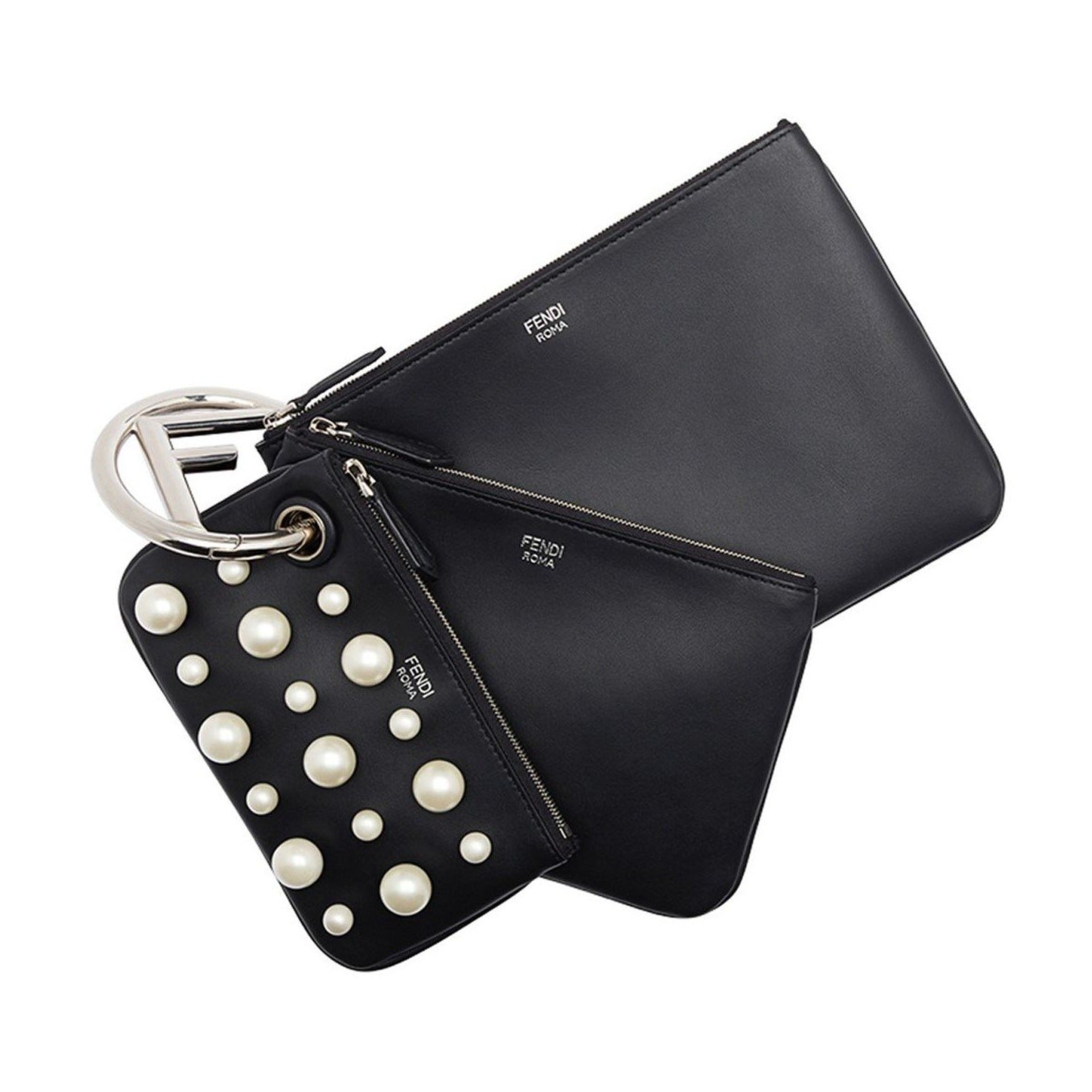 Fendi Women's Black Leather Pearl Studded Triplette Multi Clutch Handbag at_Queen_Bee_of_Beverly_Hills