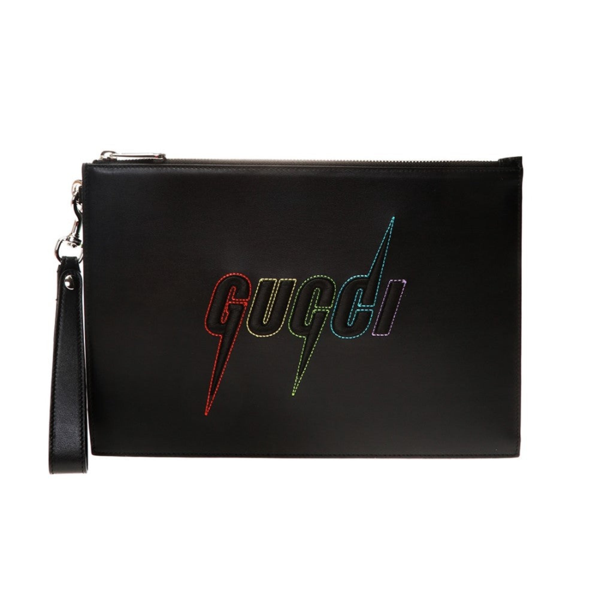Gucci Blade Embroidered Black Leather Pouch Wristlet Bag 597678 at_Queen_Bee_of_Beverly_Hills