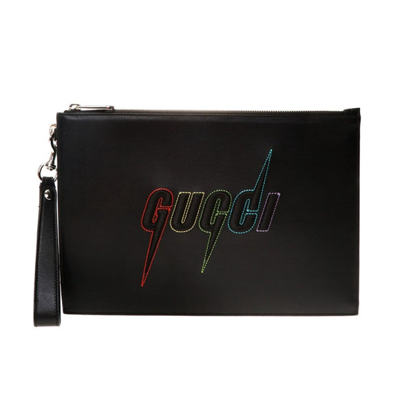Gucci Animalier Bee Embroidered Pouch Clutch Bag Black Leather
