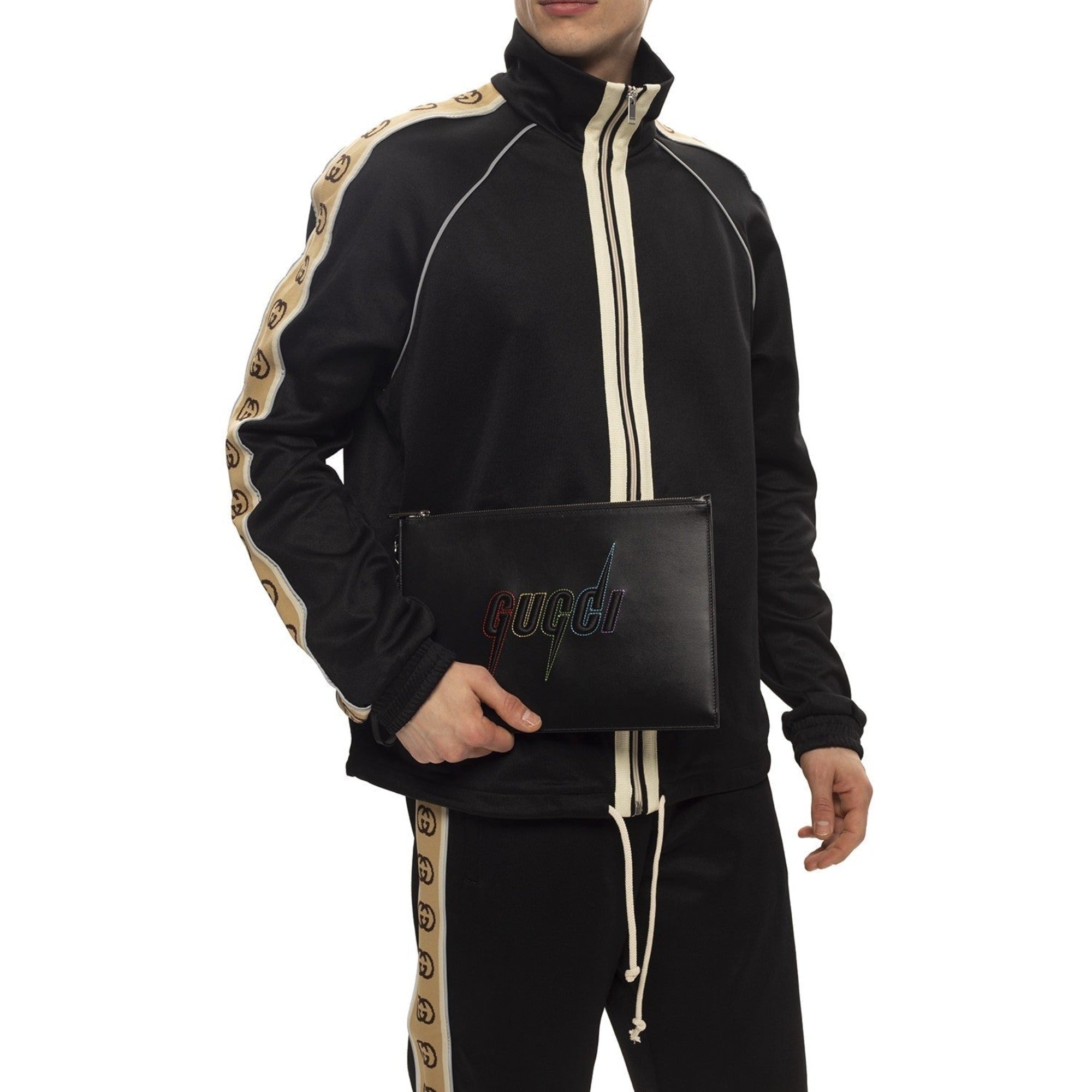 Gucci Blade Embroidered Black Leather Pouch Wristlet Bag 597678 at_Queen_Bee_of_Beverly_Hills