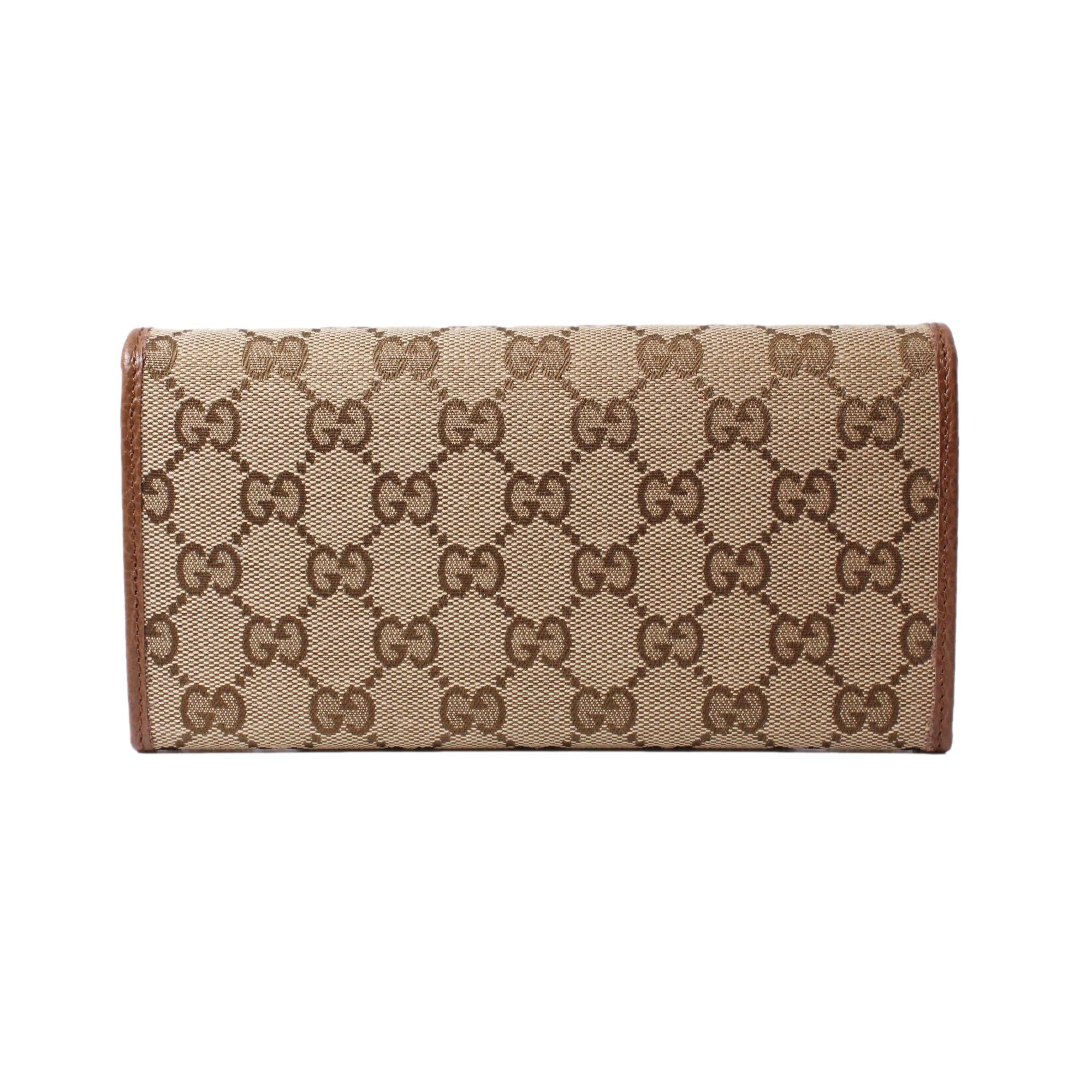 Gucci Original Beige GG Canvas Brown Leather Trim Continental Wallet 346058 at_Queen_Bee_of_Beverly_Hills