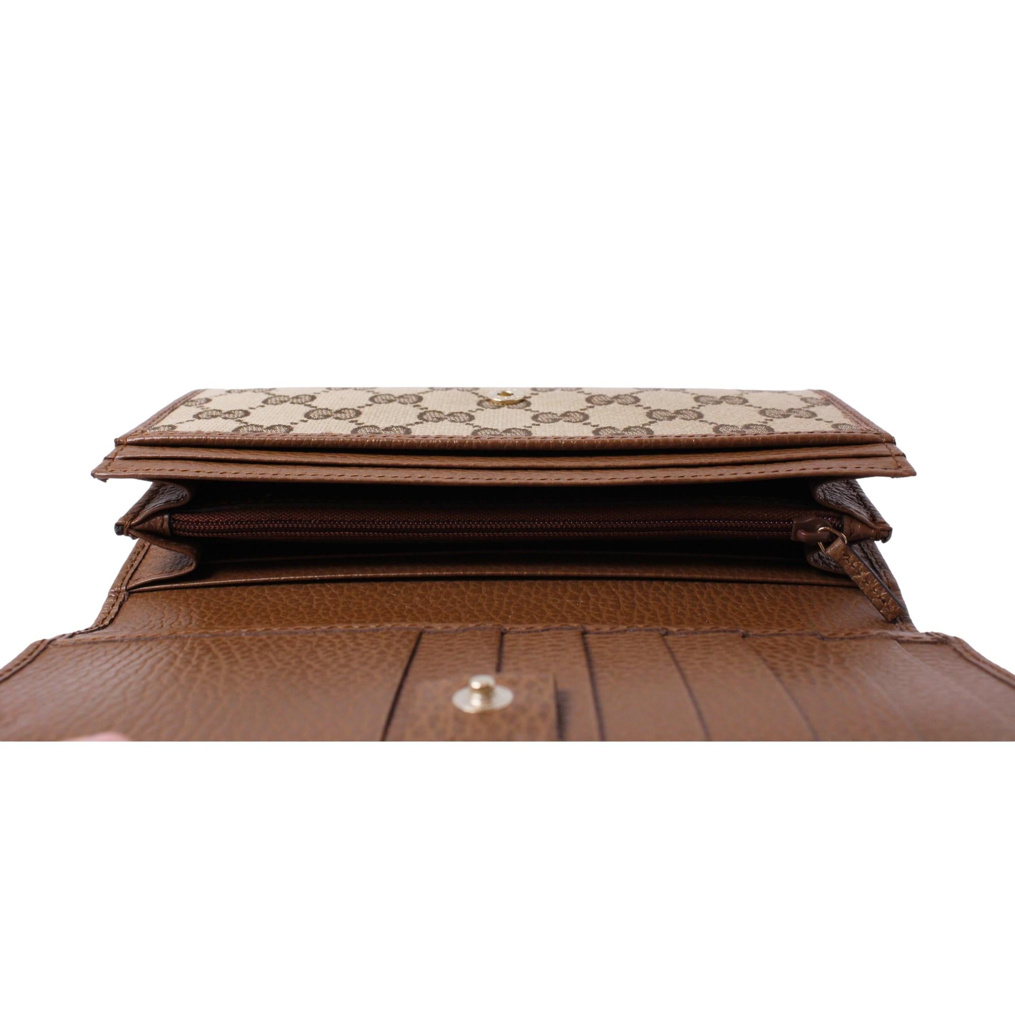 Gucci Original Beige GG Canvas Brown Leather Trim Continental Wallet 346058 at_Queen_Bee_of_Beverly_Hills