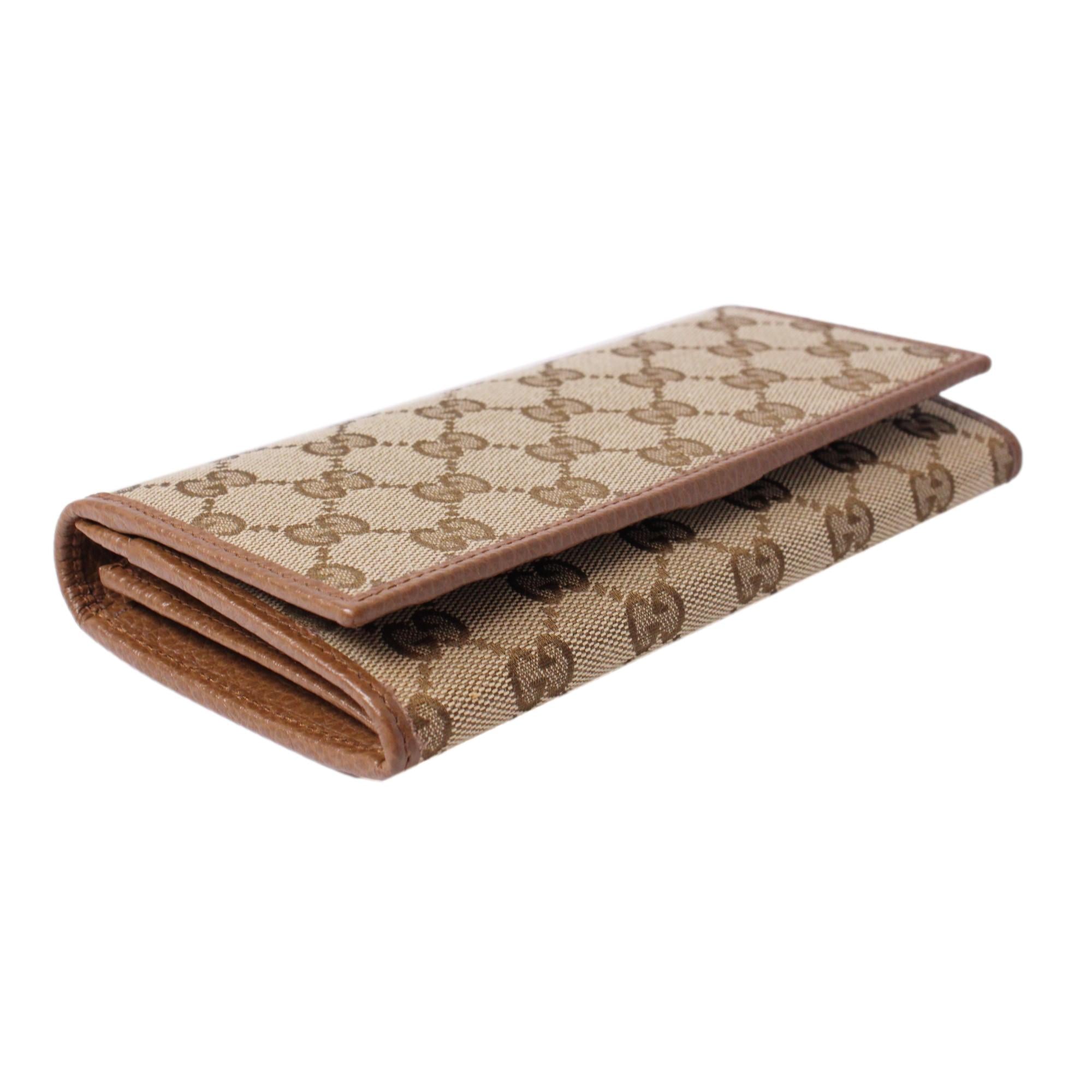 Gucci Original Beige GG Canvas Brown Leather Trim Continental Wallet 346058 at_Queen_Bee_of_Beverly_Hills