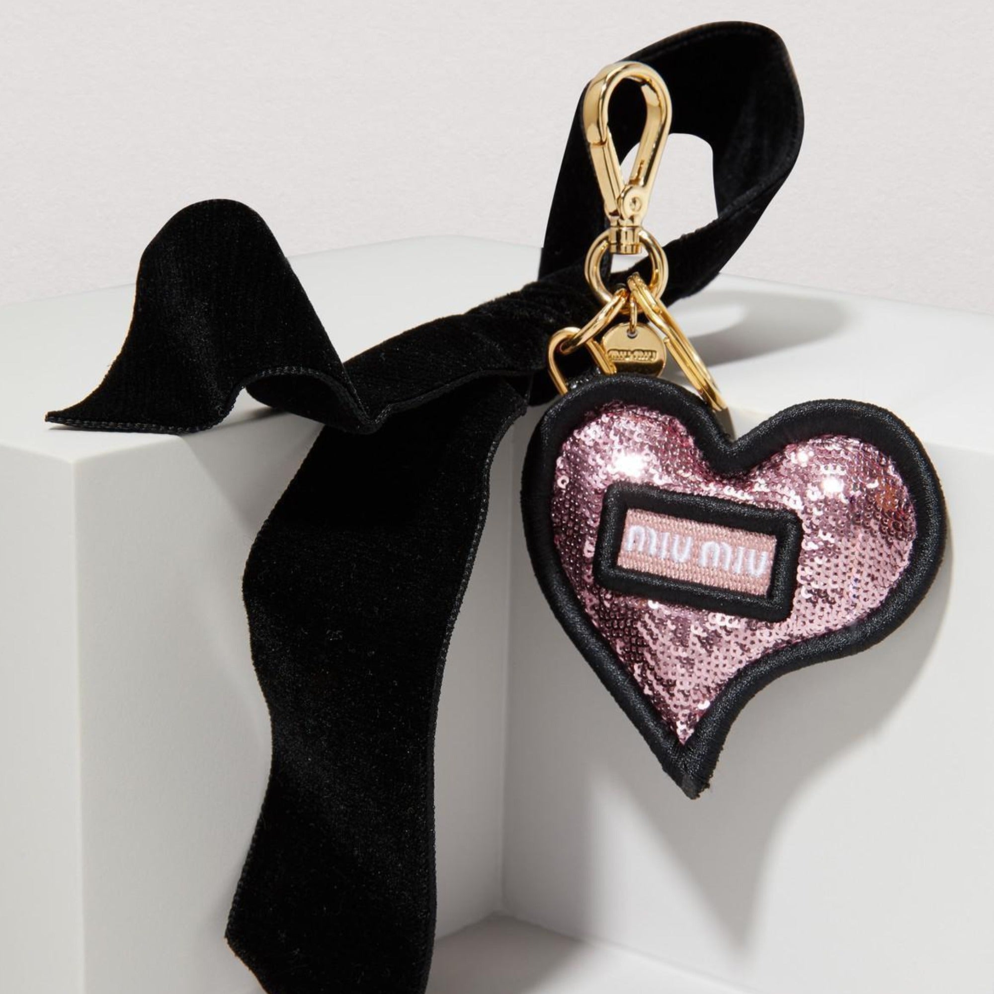 Miu Miu Trick in Pelle Rosa Pink Sequined Heart Key Ring 5TL214 at_Queen_Bee_of_Beverly_Hills