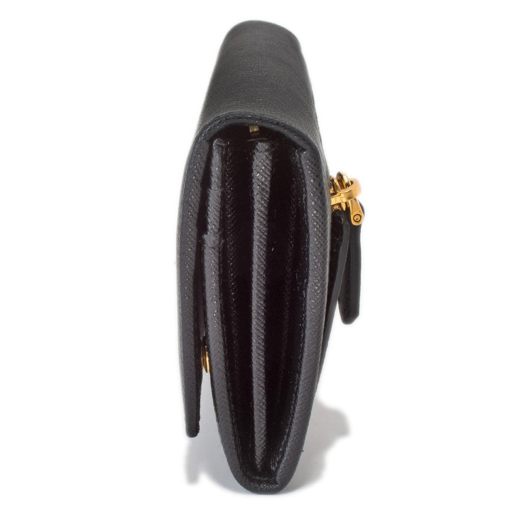 Prada Black Saffiano Leather Triangle Logo Continental Flap Wallet 1MH132 at_Queen_Bee_of_Beverly_Hills