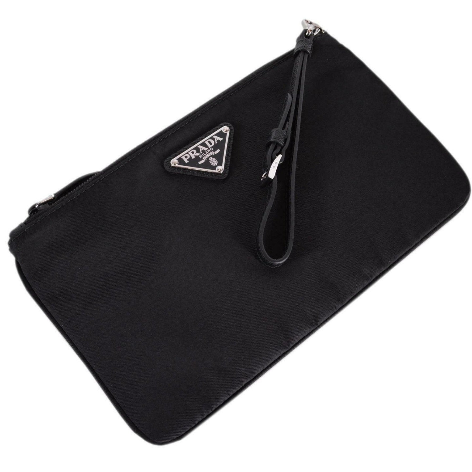 Prada Black Tessuto Nylon Pouch Wristlet Clutch Silver Prada Logo 1NH545 at_Queen_Bee_of_Beverly_Hills