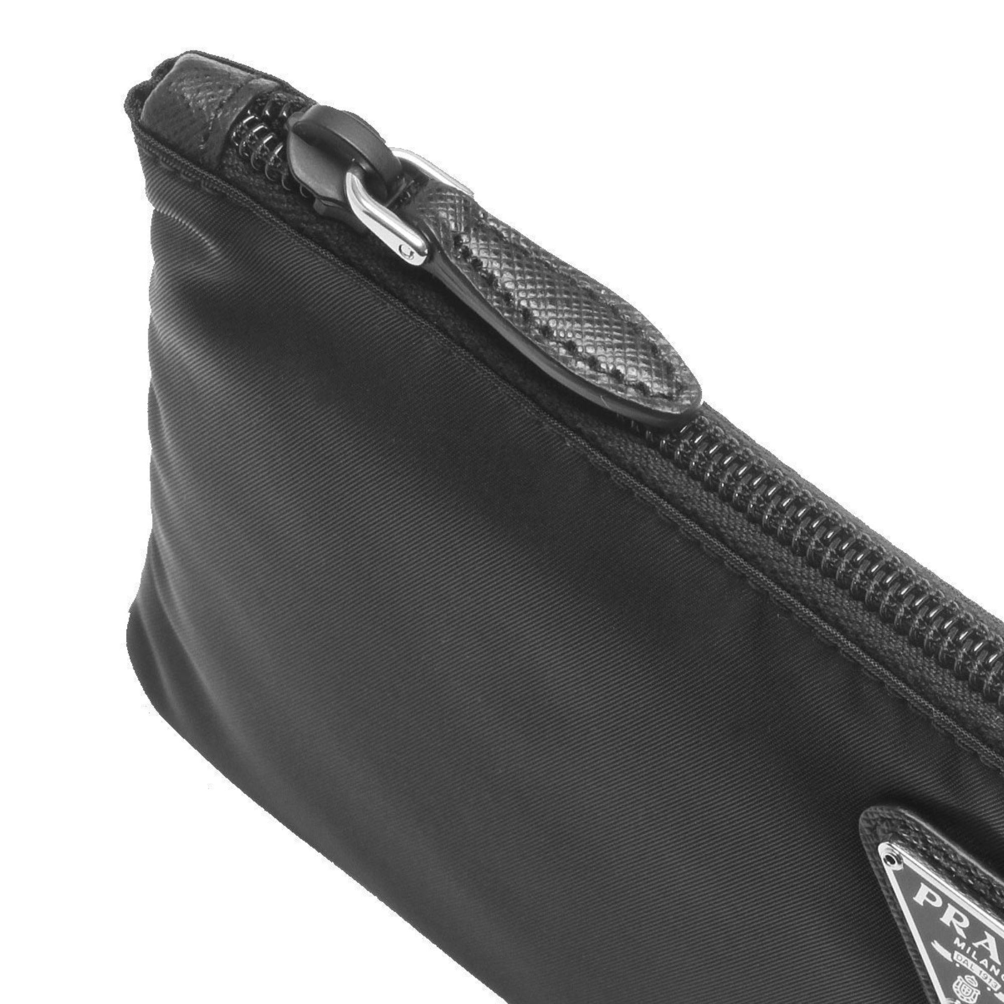 Prada Black Tessuto Nylon Pouch Wristlet Clutch Silver Prada Logo 1NH545 at_Queen_Bee_of_Beverly_Hills