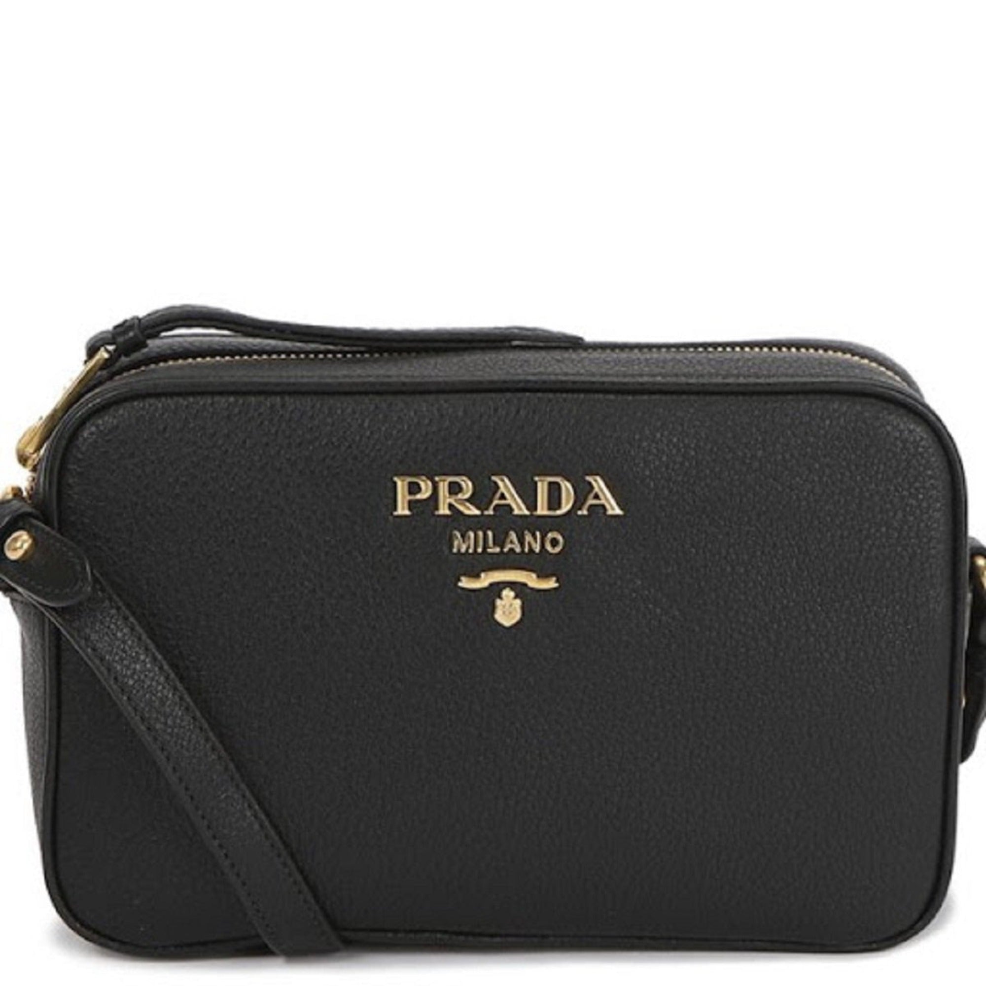 Prada Black Vitello Phenix Leather Shoulder Camera Bag 1BH103 at_Queen_Bee_of_Beverly_Hills