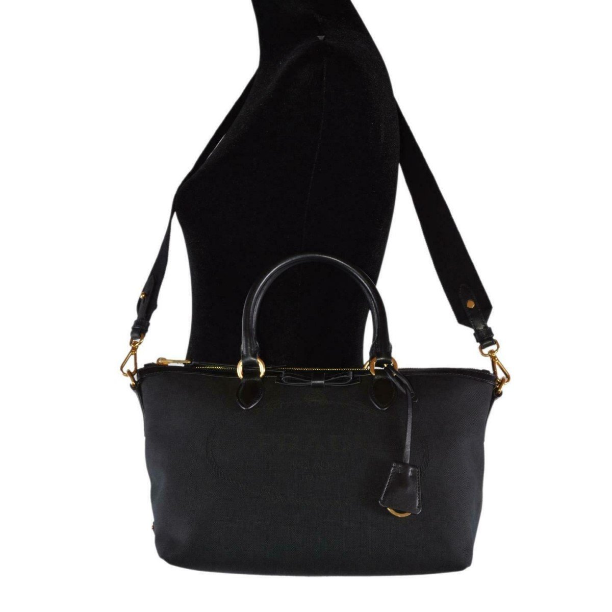 Prada Logo Jacquard Black Canvas Satchel Crossbody 1BA104 at_Queen_Bee_of_Beverly_Hills