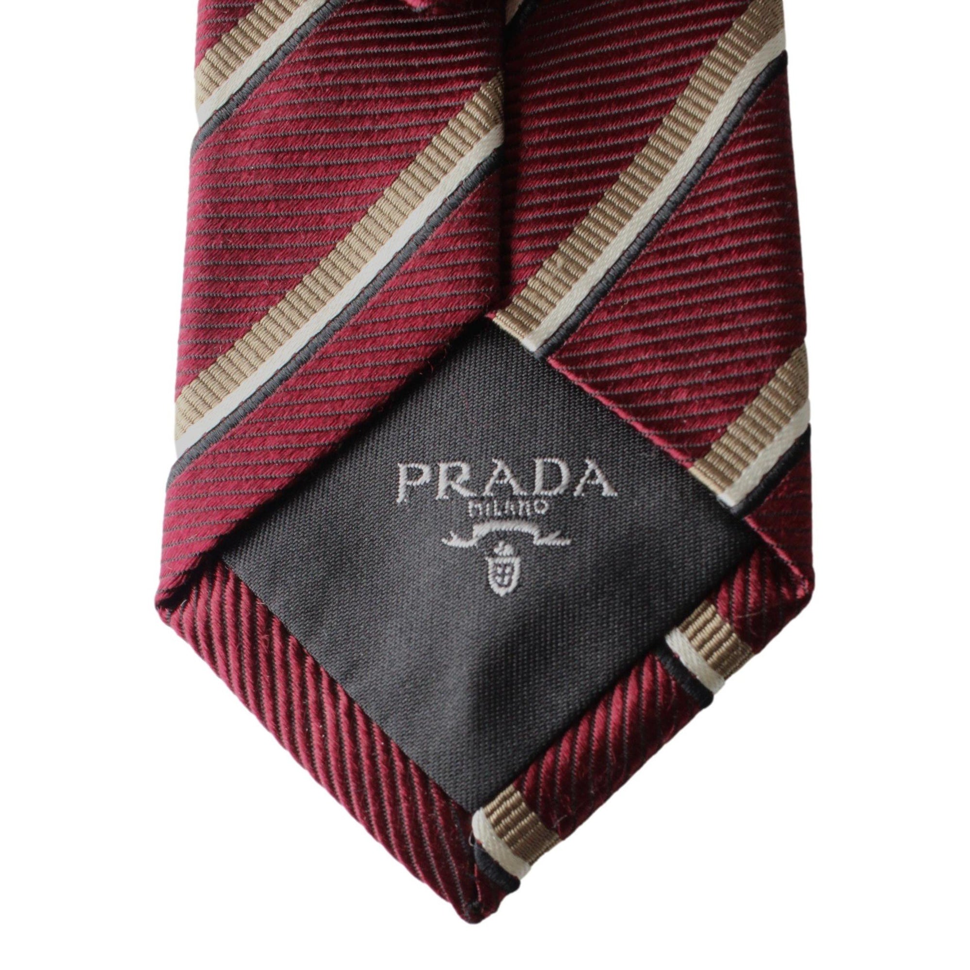 Prada Mens Silk Tie Bordeaux Red Striped Pattern UCR75 at_Queen_Bee_of_Beverly_Hills