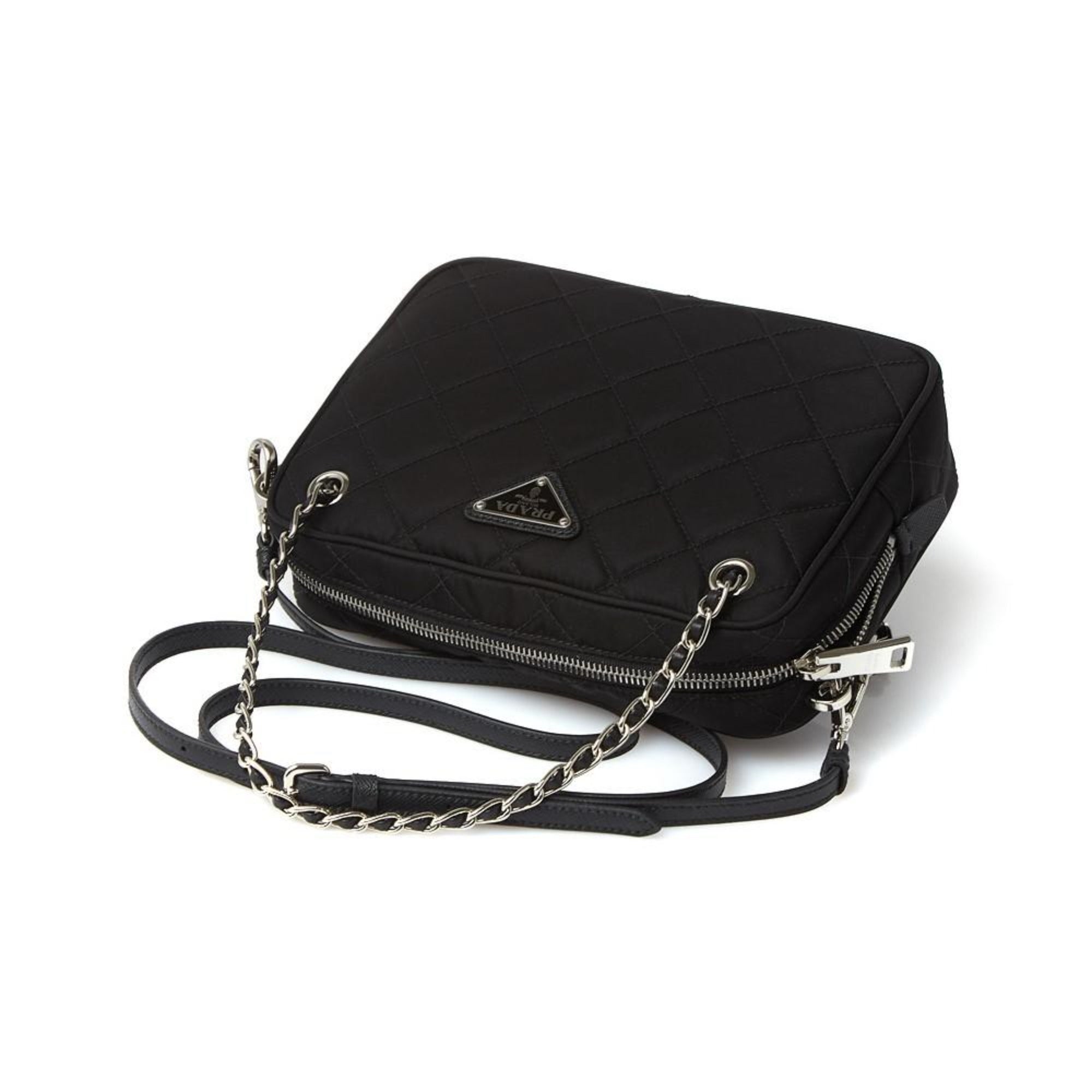 Prada Quilted Tessuto Nylon Black Bandoliera Triangle Logo Bag 1BH910 at_Queen_Bee_of_Beverly_Hills