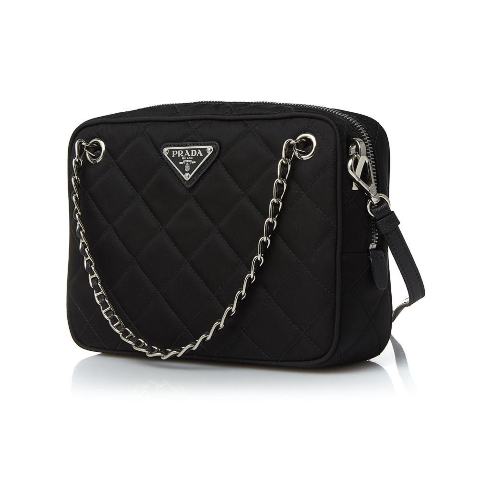 Prada Quilted Tessuto Nylon Black Bandoliera Triangle Logo Bag 1BH910 at_Queen_Bee_of_Beverly_Hills
