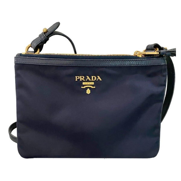 Prada Unisex Black Nylon Double-Pocket Large Crossbody Bag w/ Leather Strap