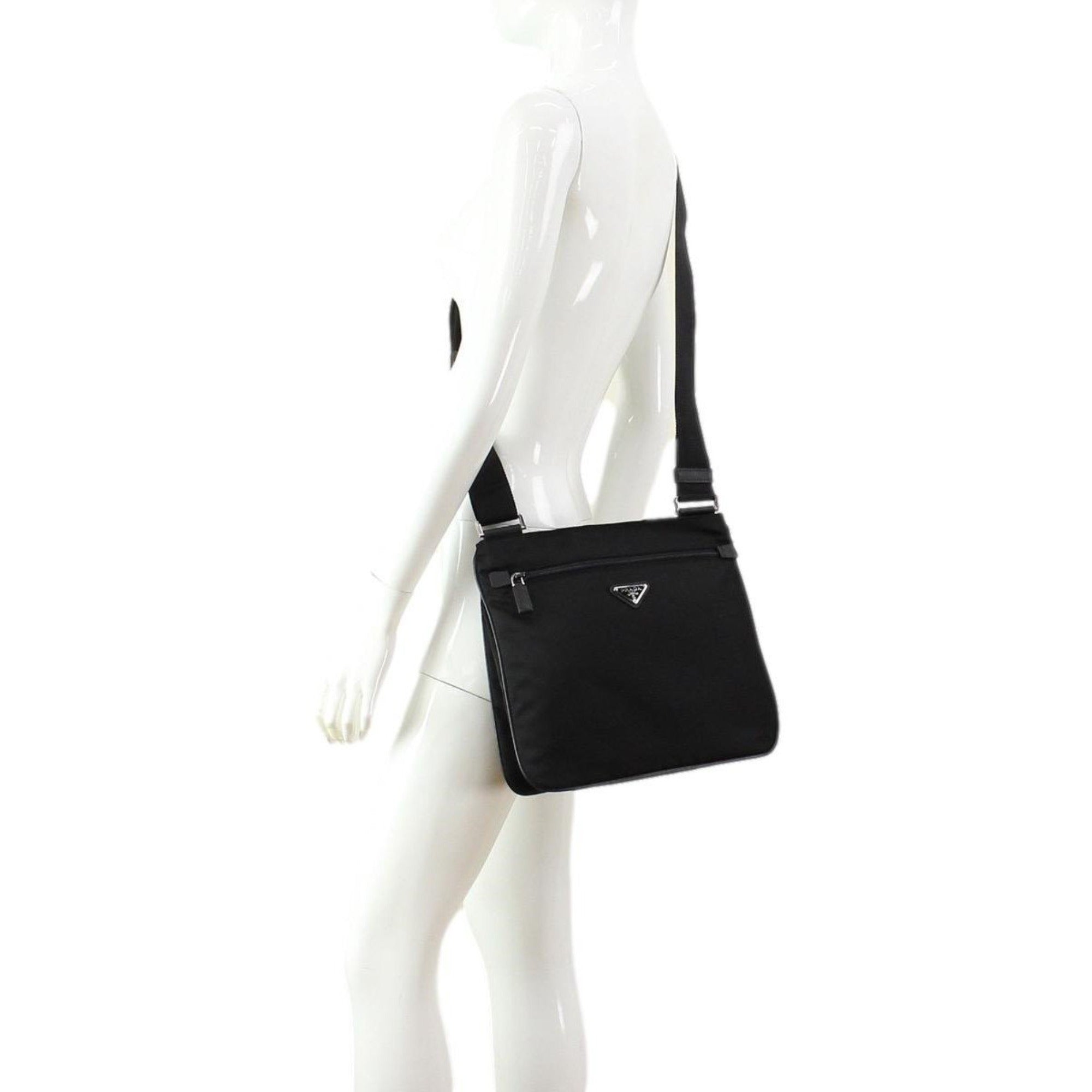 Prada Tessuto Saffiano Black Messenger Bag Crossbody 2VH563 at_Queen_Bee_of_Beverly_Hills