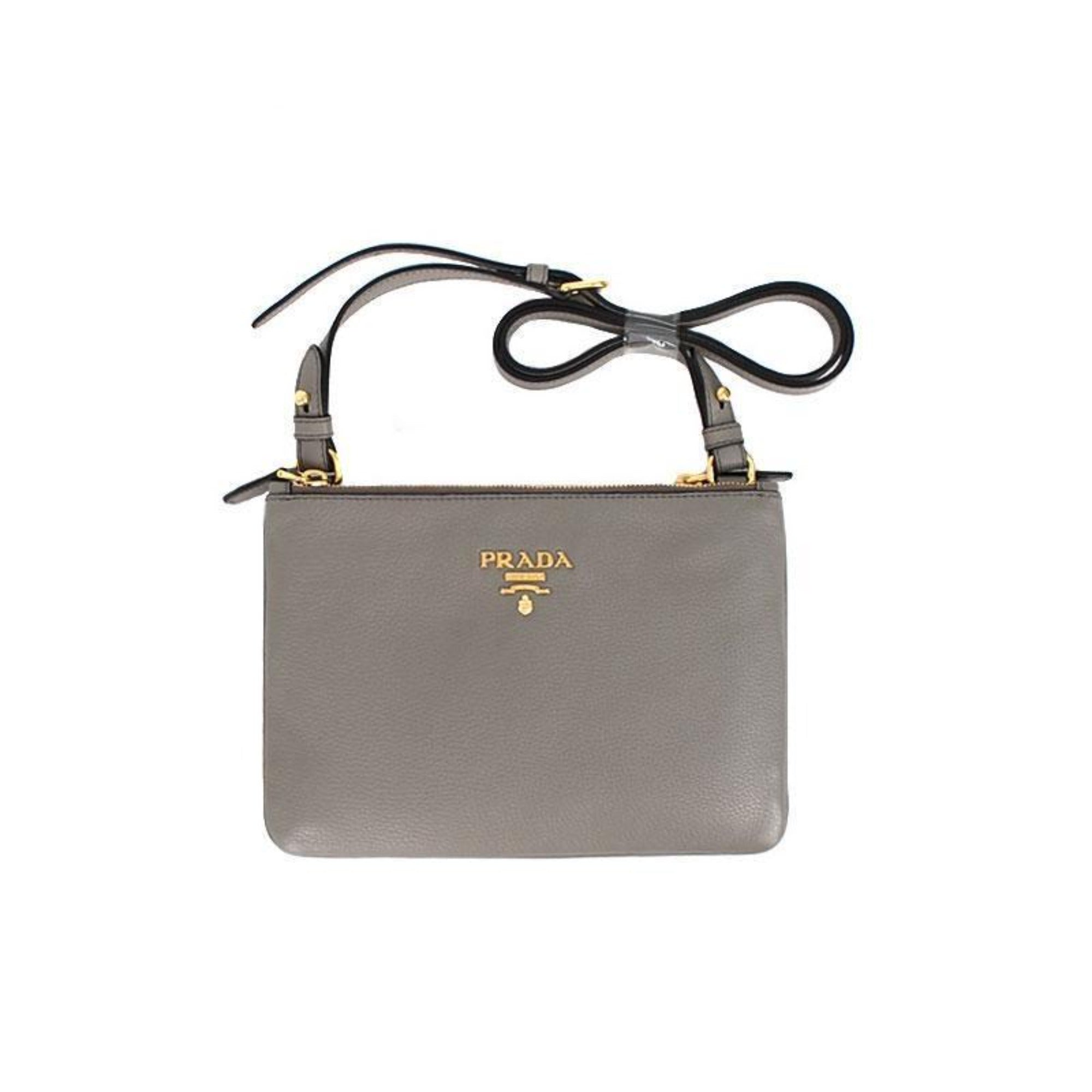 Prada Vitello Phenix Argilla Gray Leather Logo Plaque Crossbody