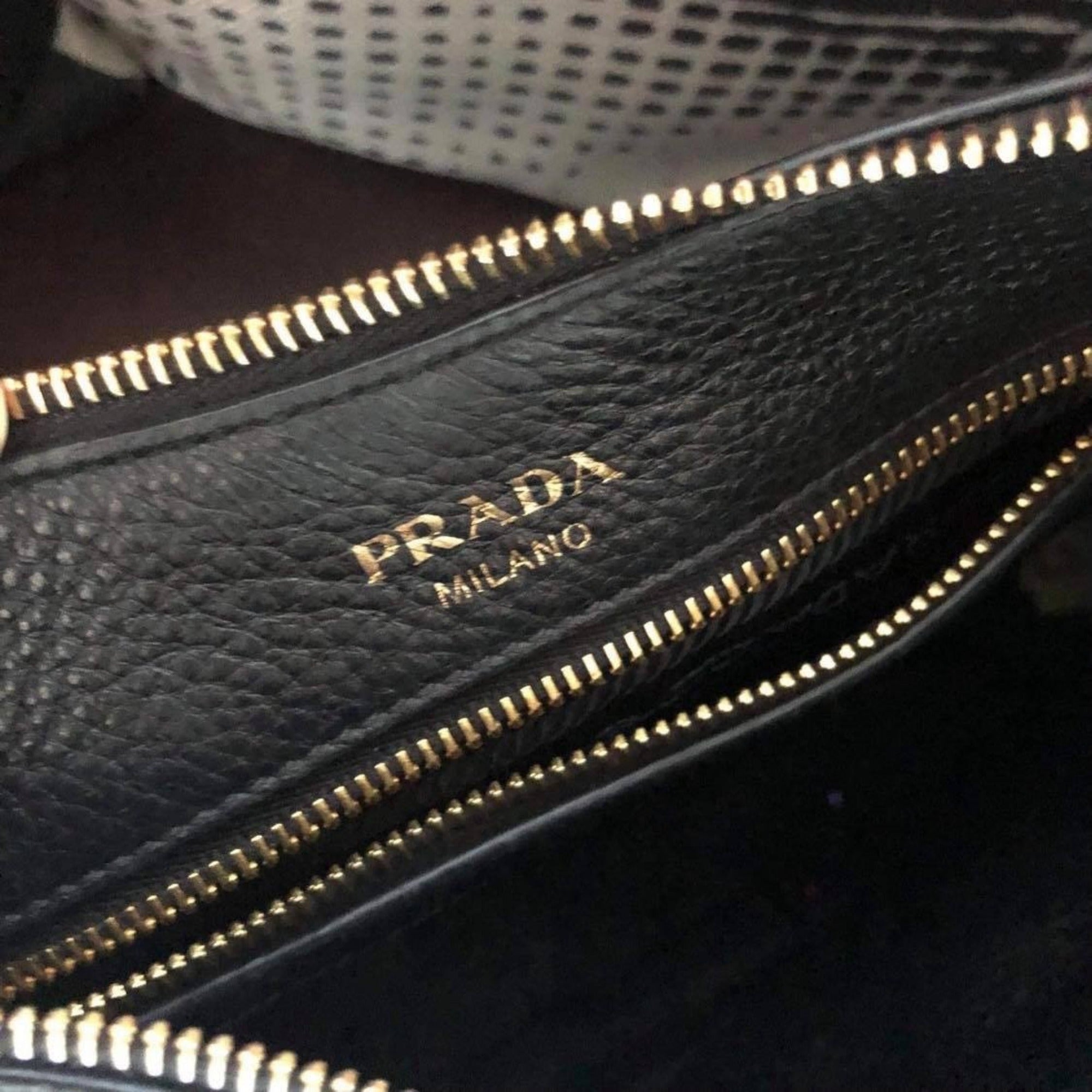 Prada Vitello Phenix Black Leather Nylon Web Striped Strap Crossbody Bag 1BC052 at_Queen_Bee_of_Beverly_Hills