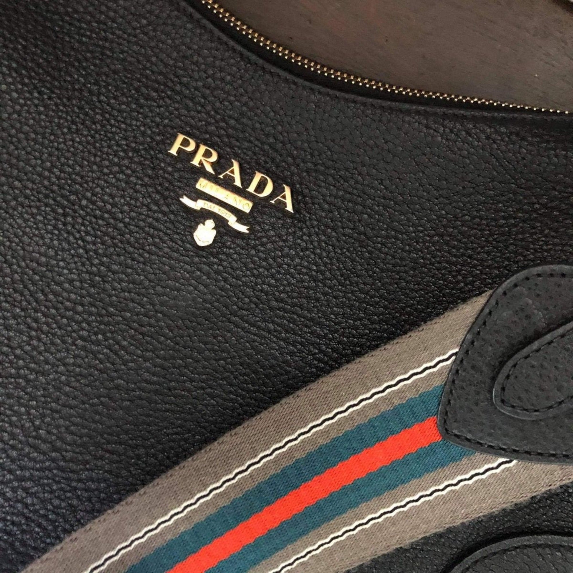 Prada Vitello Phenix Black Leather Nylon Web Striped Strap Crossbody Bag 1BC052 at_Queen_Bee_of_Beverly_Hills