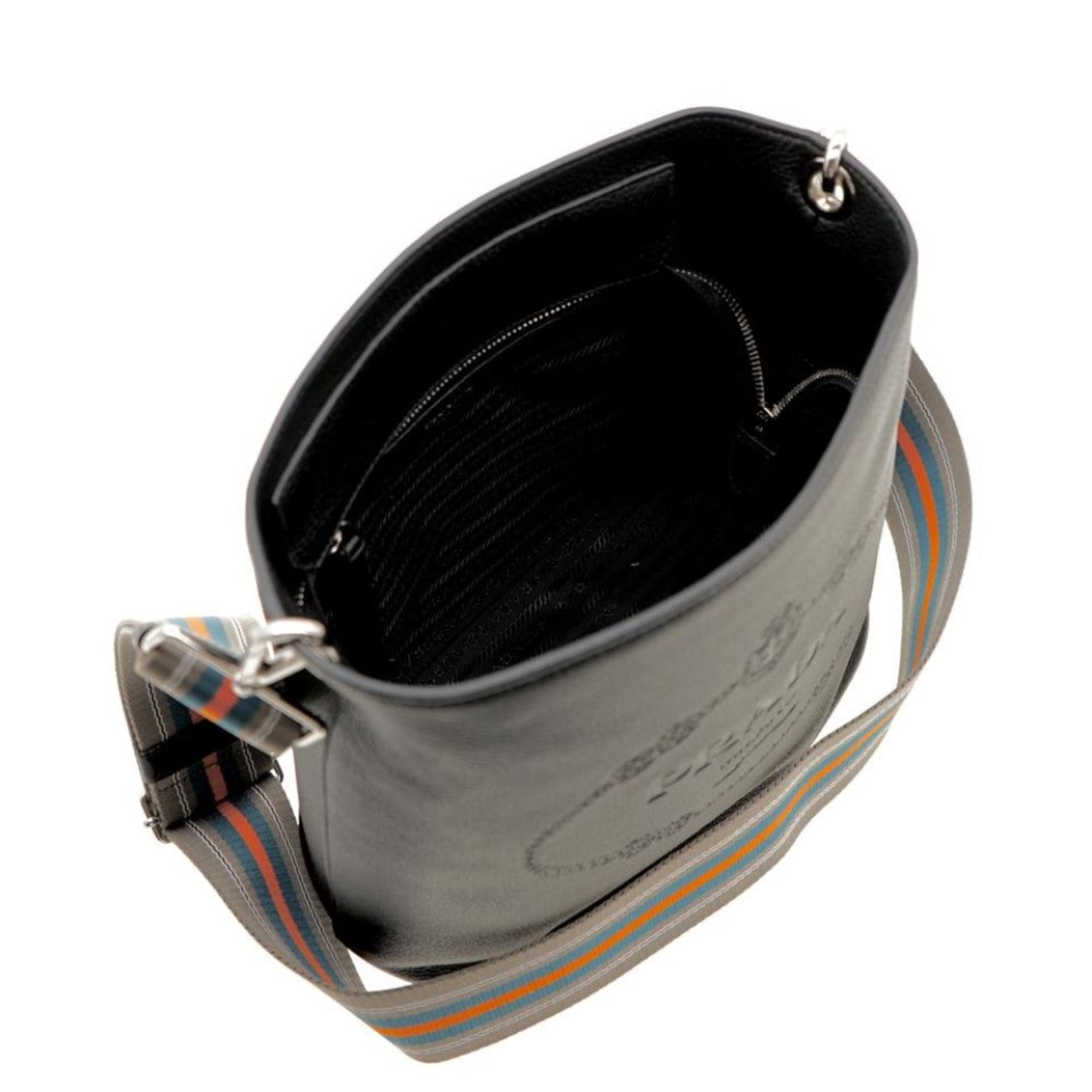 Prada Vitello Phenix Black Leather Stripe Strap Bucket Bag 1BE057 at_Queen_Bee_of_Beverly_Hills