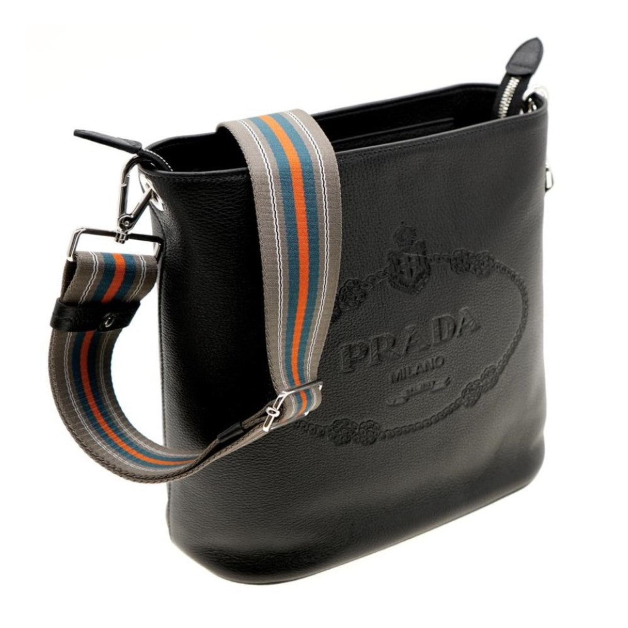 Prada Vitello Phenix Black Leather Stripe Strap Bucket Bag 1BE057 at_Queen_Bee_of_Beverly_Hills