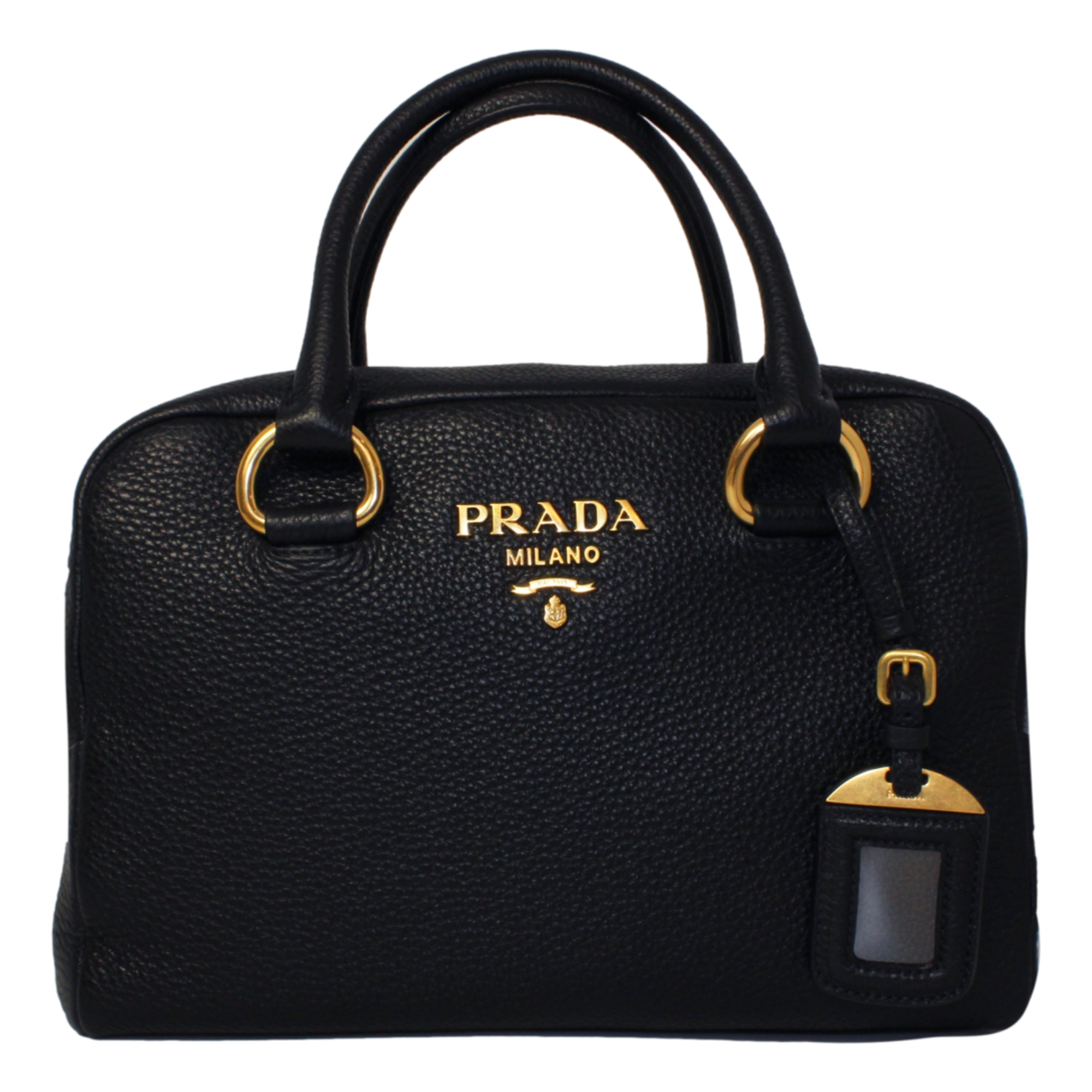 Prada Vitello Phenix Black Leather Stripe Strap Satchel Bag 1BB086 at_Queen_Bee_of_Beverly_Hills