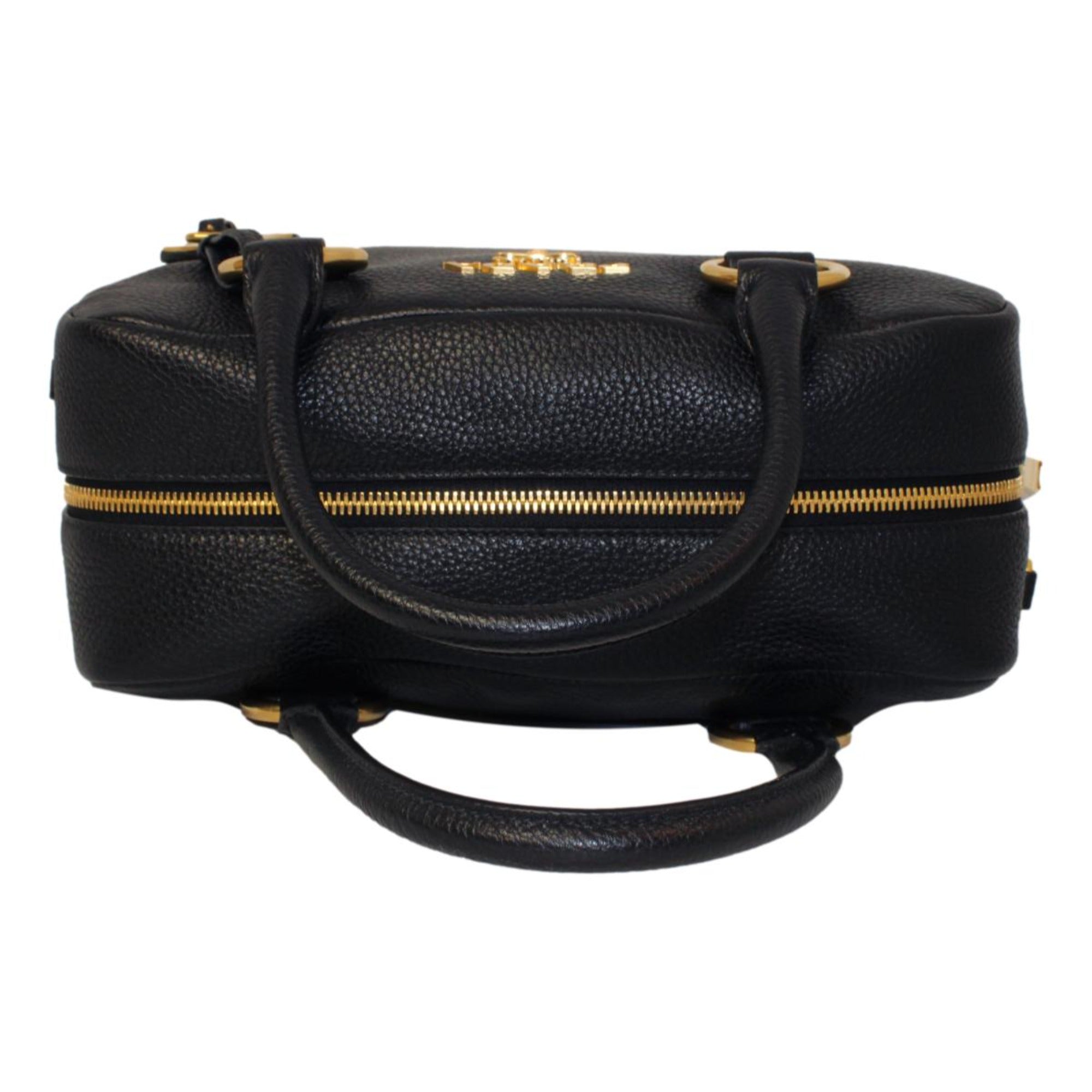 Prada Vitello Phenix Black Leather Stripe Strap Satchel Bag 1BB086 at_Queen_Bee_of_Beverly_Hills
