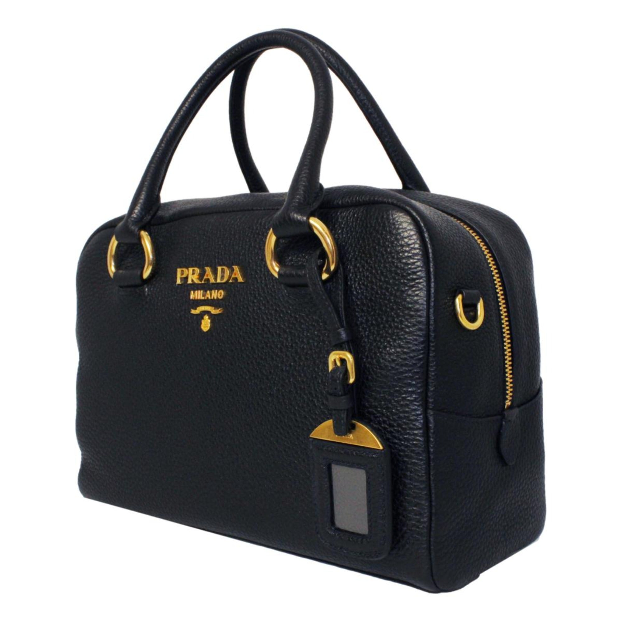 Prada Vitello Phenix Black Leather Stripe Strap Satchel Bag 1BB086 at_Queen_Bee_of_Beverly_Hills