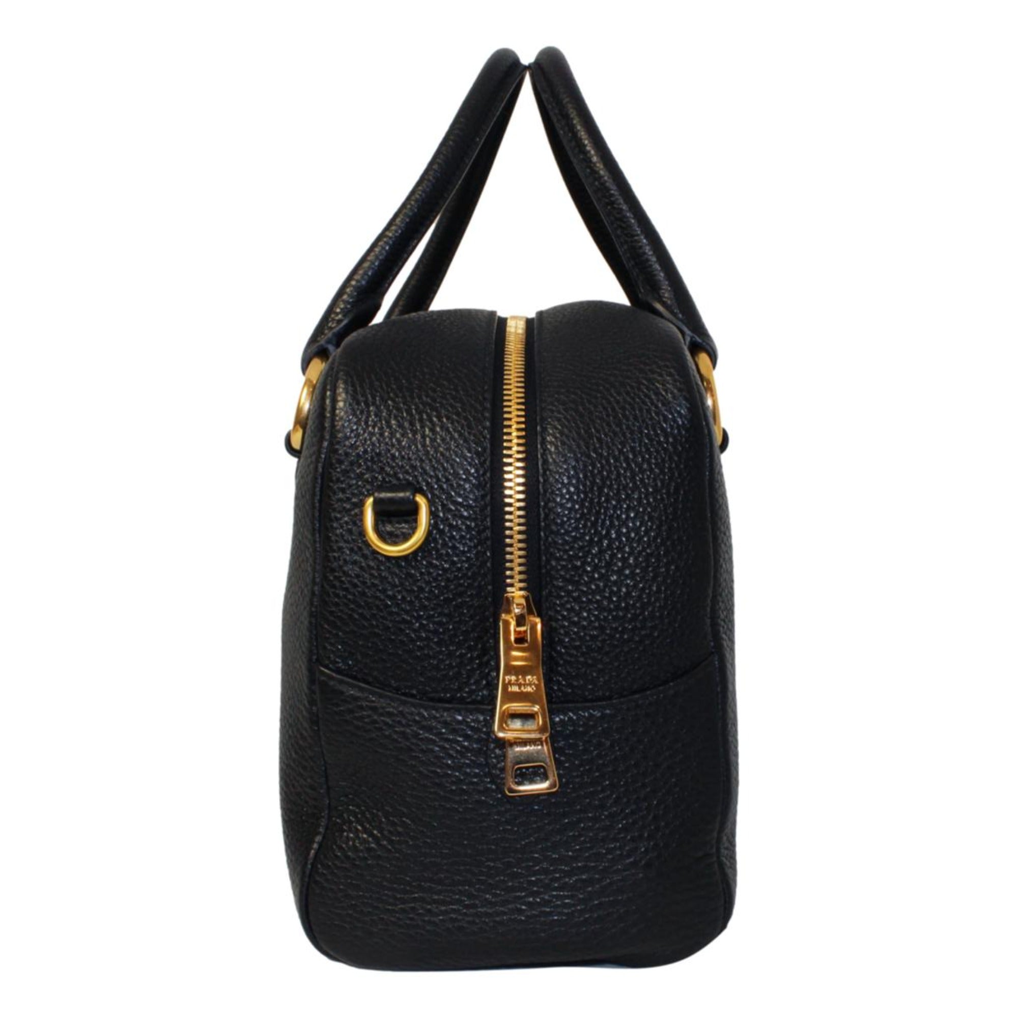 Prada Vitello Phenix Black Leather Stripe Strap Satchel Bag 1BB086 at_Queen_Bee_of_Beverly_Hills