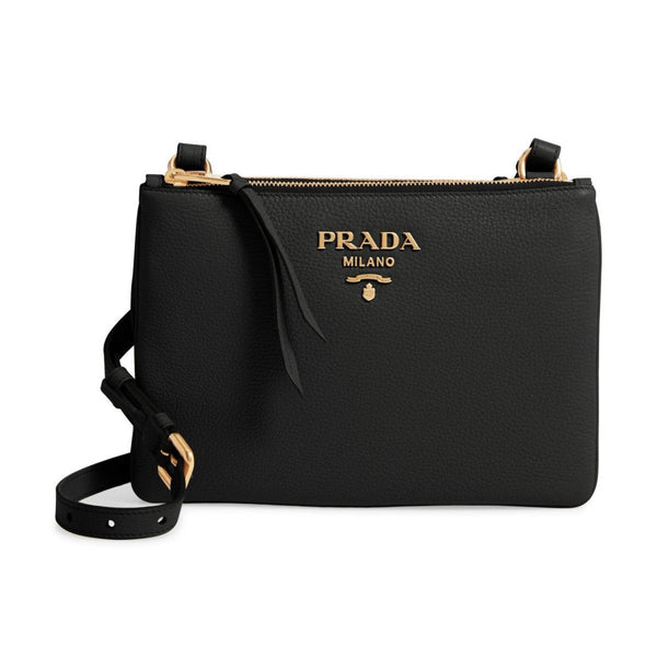 Prada Black Vitello Phenix Leather Double Zip Cross Body Bag