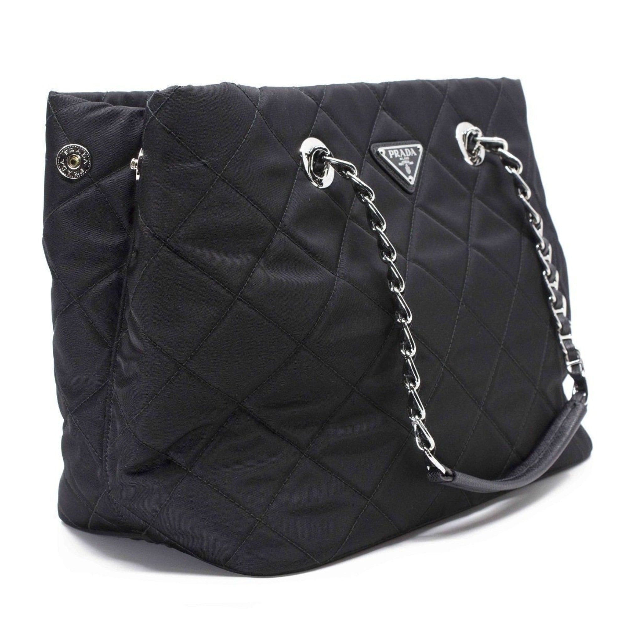 Prada Women's Black Quilted Tessuto Chain Shoulder Bag Tote 1BG740 at_Queen_Bee_of_Beverly_Hills