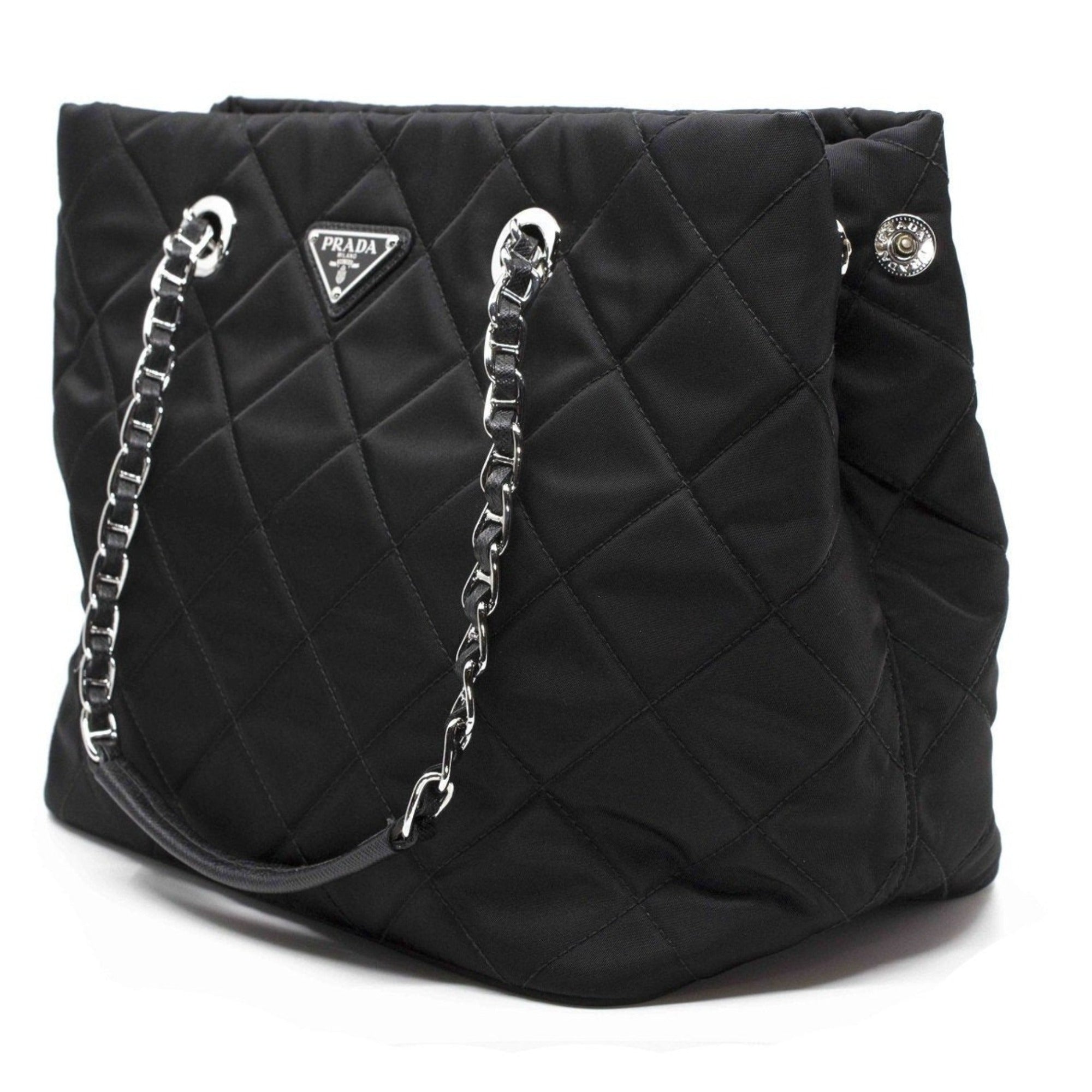 Prada Women's Black Quilted Tessuto Chain Shoulder Bag Tote 1BG740 at_Queen_Bee_of_Beverly_Hills