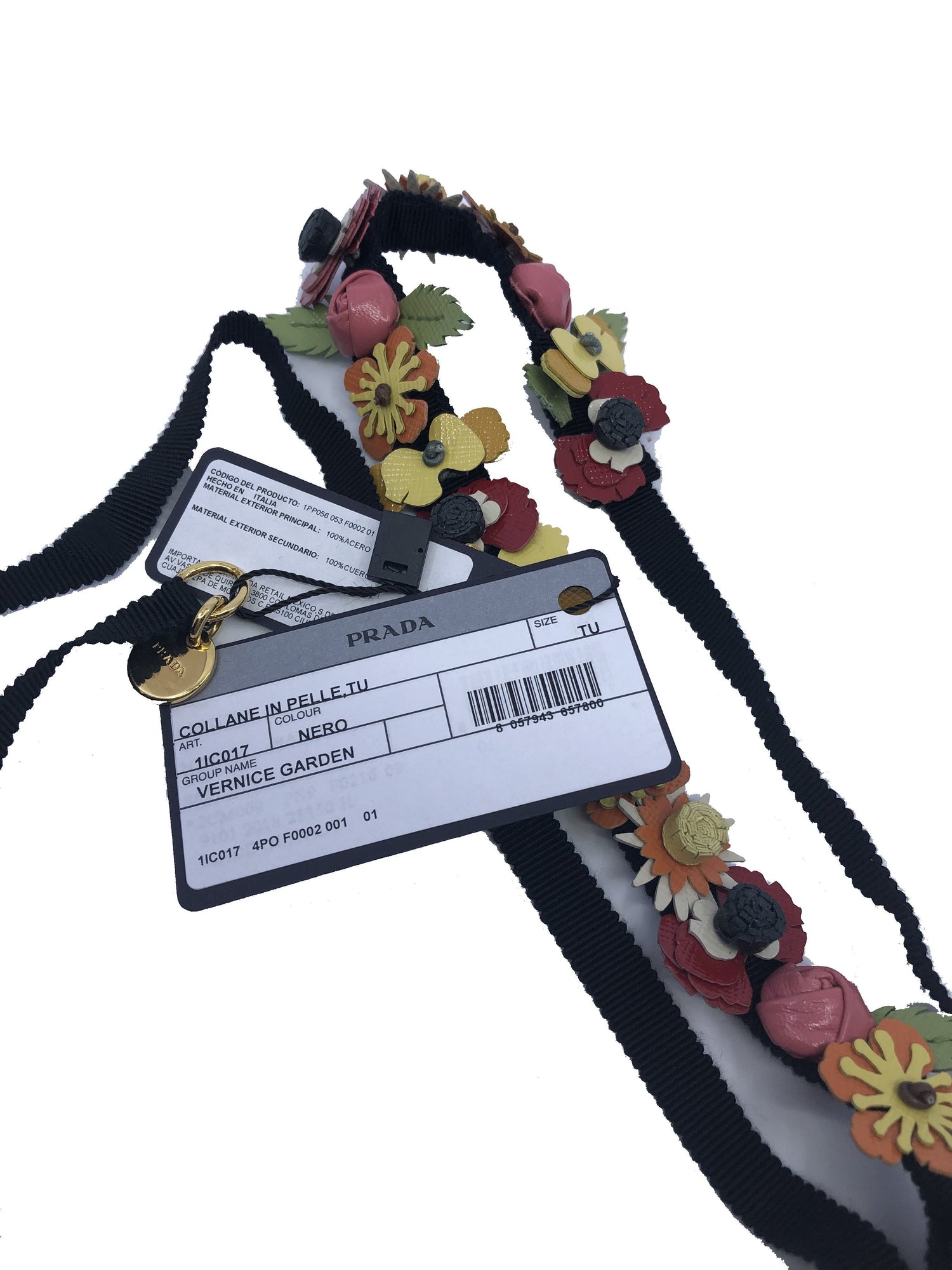 Prada Women's Collane in Pelle Tu Nero Black Vernice Garden Flower Belt Strap at_Queen_Bee_of_Beverly_Hills