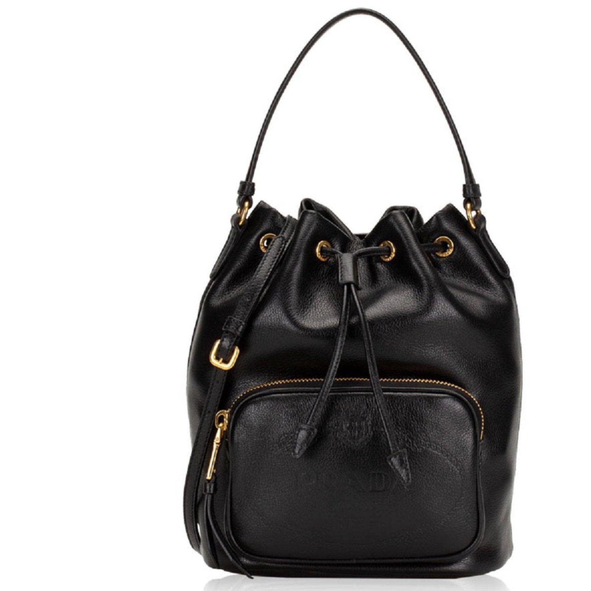 Prada Women's Sechiello Nero Black Glace Calf Leather Bucket Bag 1BH038 at_Queen_Bee_of_Beverly_Hills