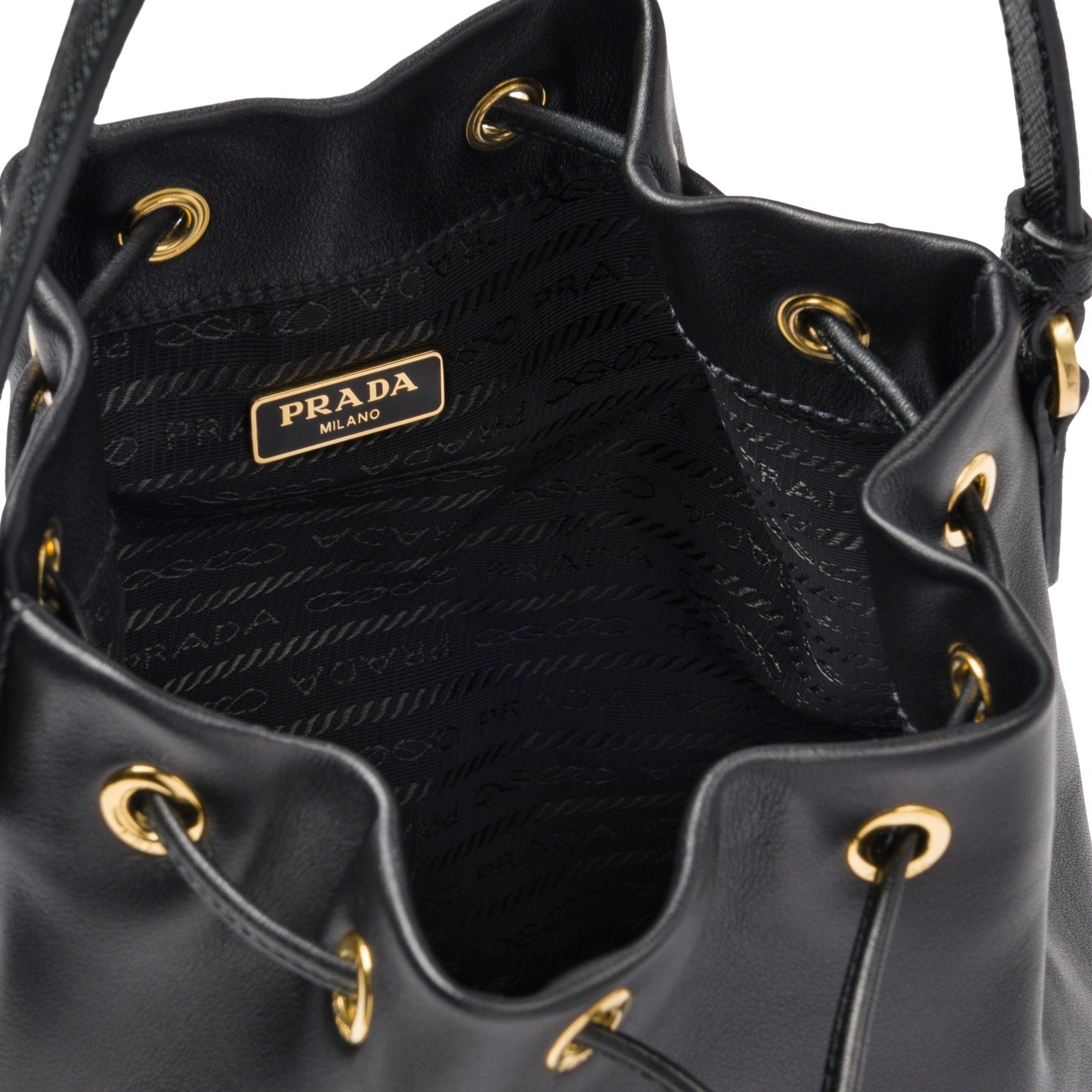 Prada Women's Sechiello Nero Black Glace Calf Leather Bucket Bag at_Queen_Bee_of_Beverly_Hills