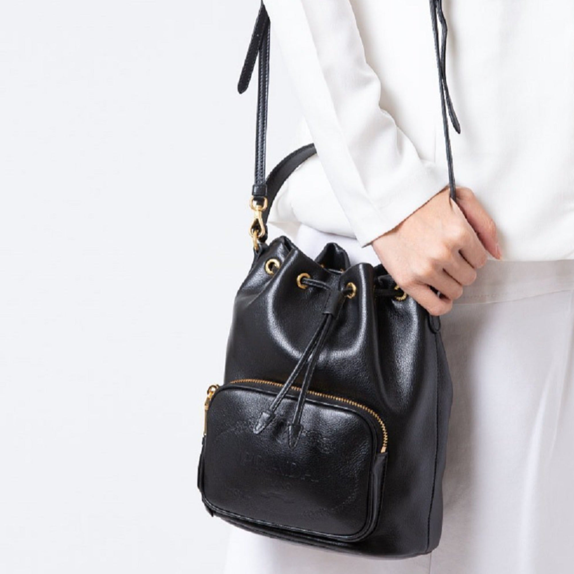 Prada Women's Sechiello Nero Black Glace Calf Leather Bucket Bag at_Queen_Bee_of_Beverly_Hills