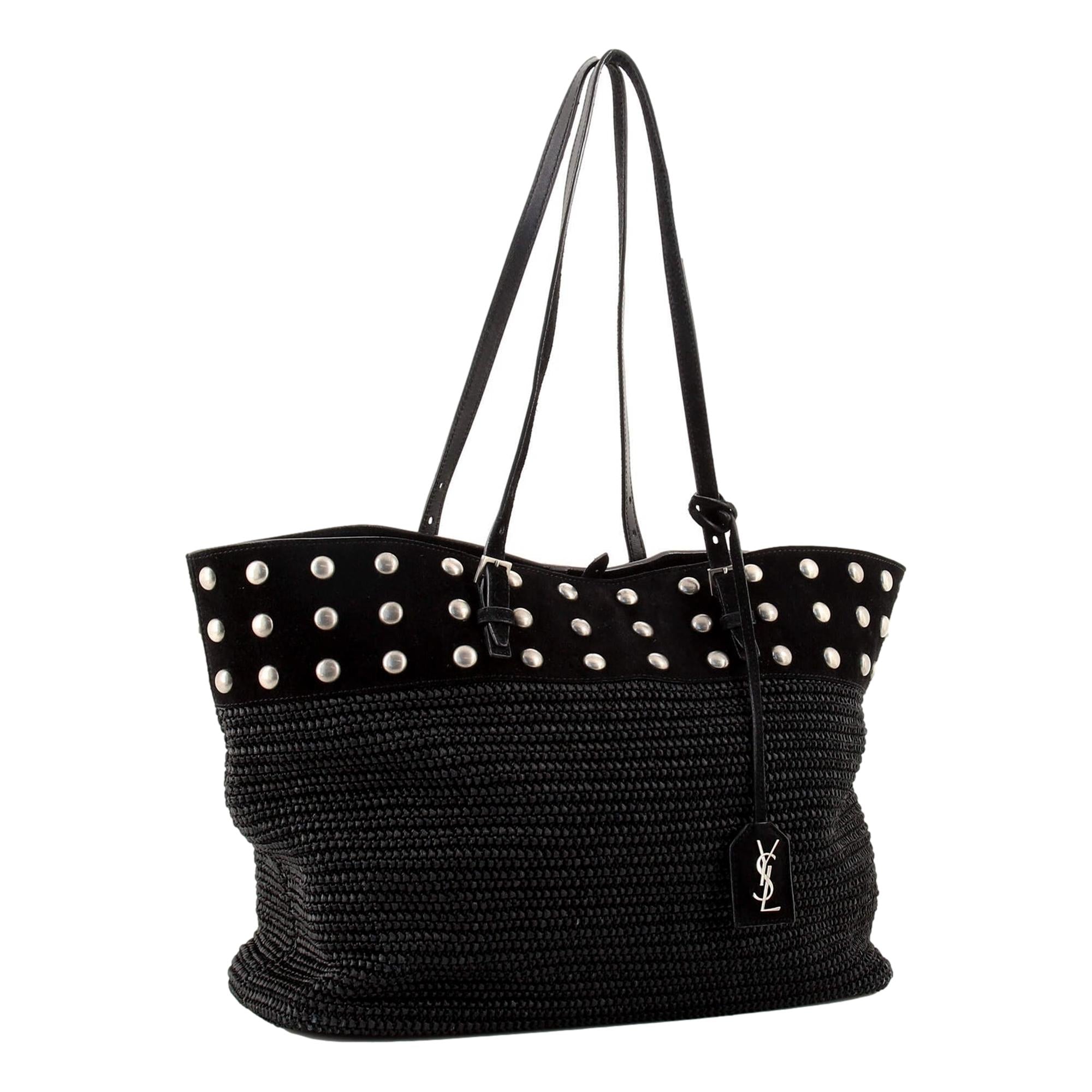 Saint Laurent Boucle Studded Black Raffia Leather Shopping Tote 609067 at_Queen_Bee_of_Beverly_Hills