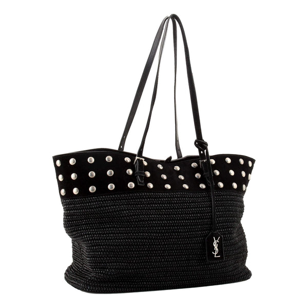 【関税&送料込】Saint Laurent Black Raffia Saint Laurent Sho Saint Laurent - Small Cylinder Black Raffia & Leather Bag