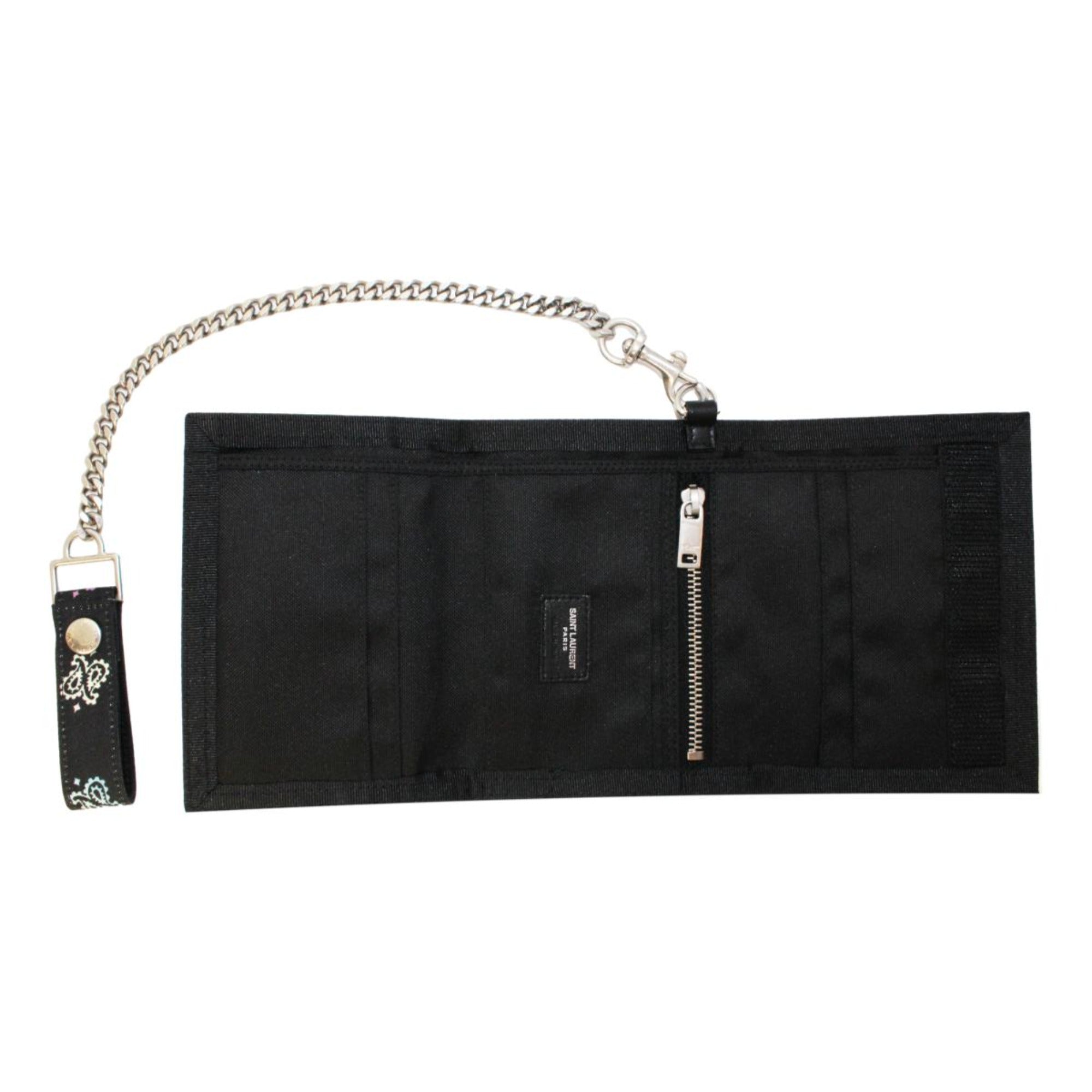 Saint Laurent Buffalo Black Nylon Bandana Chain Trifold Wallet 586279 at_Queen_Bee_of_Beverly_Hills
