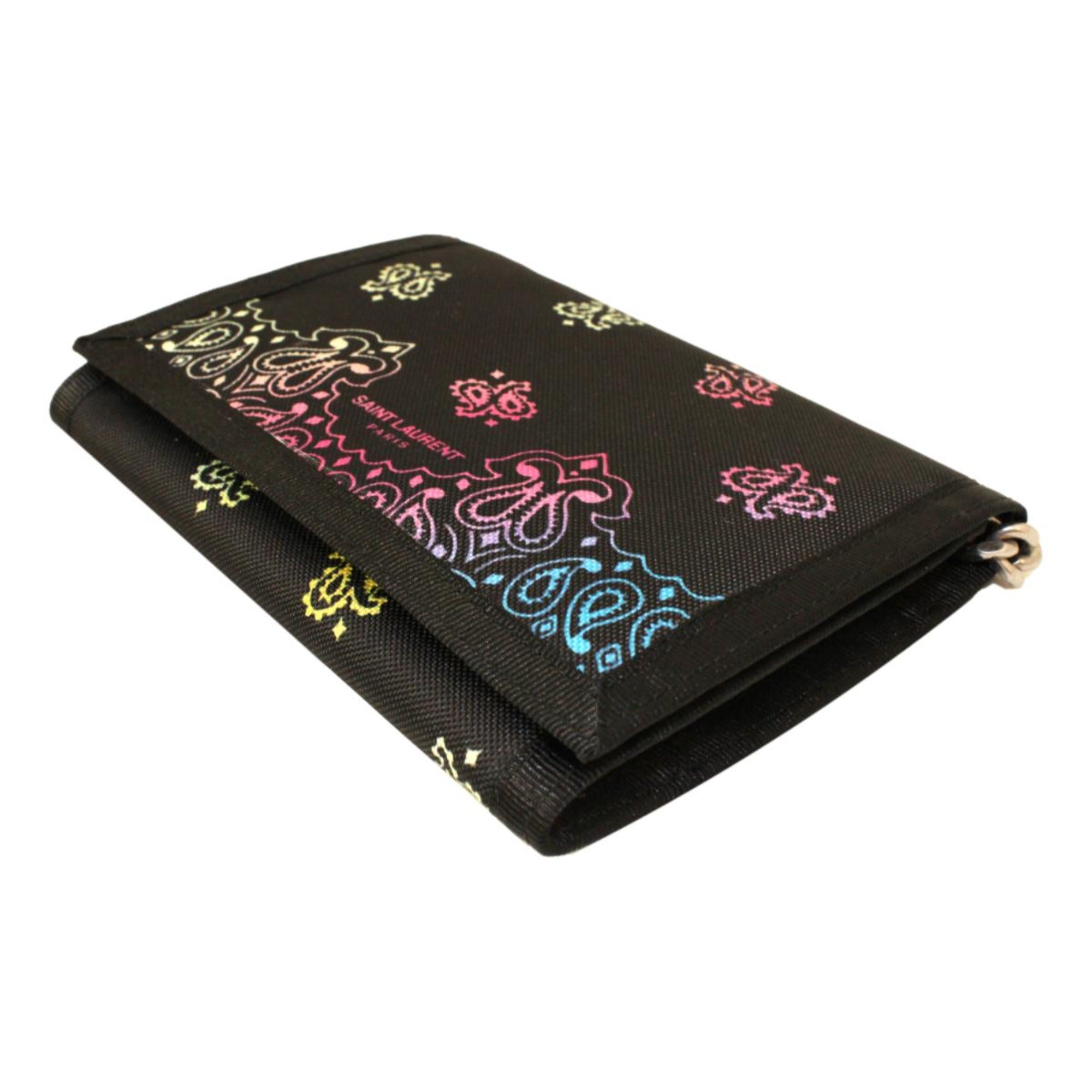 Saint Laurent Buffalo Black Nylon Bandana Chain Trifold Wallet 586279 at_Queen_Bee_of_Beverly_Hills