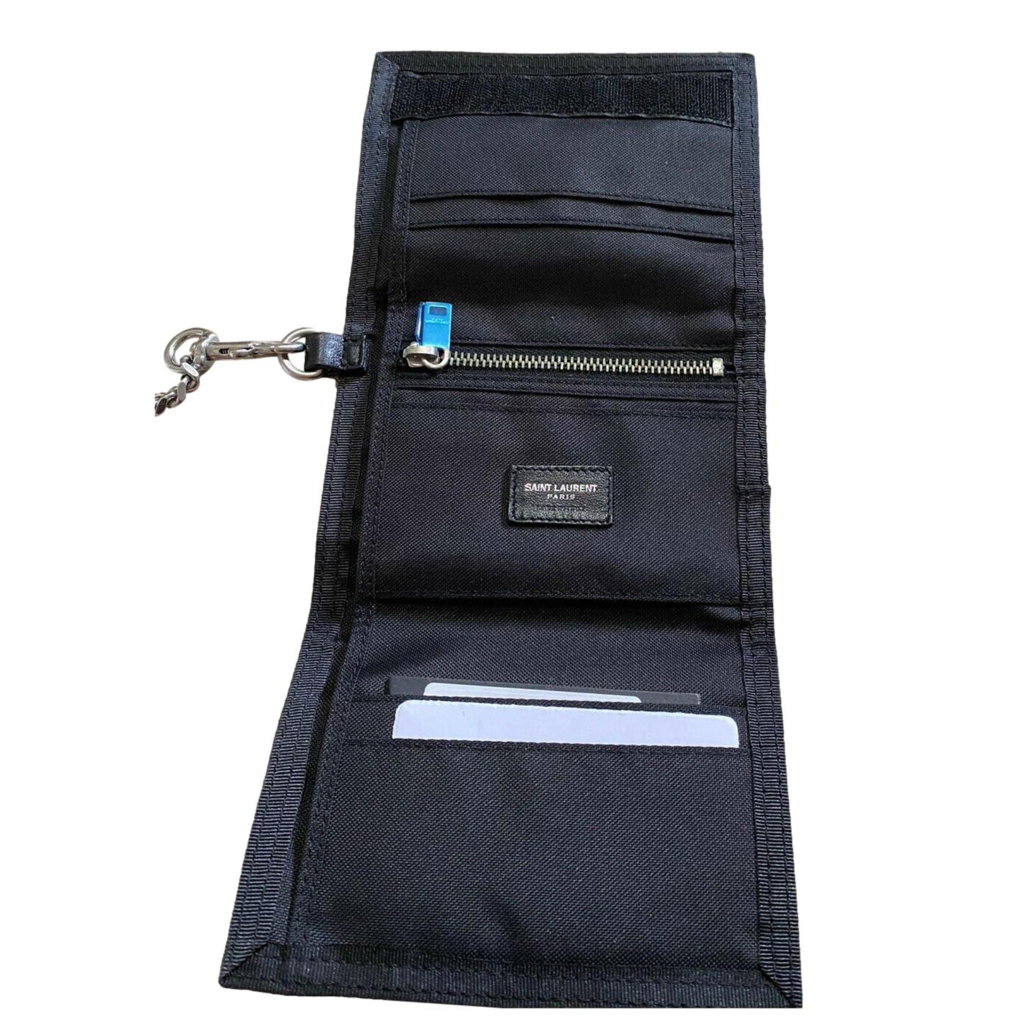 Saint Laurent Buffalo Palm Tree Black Nylon Chain Trifold Wallet 586279 at_Queen_Bee_of_Beverly_Hills