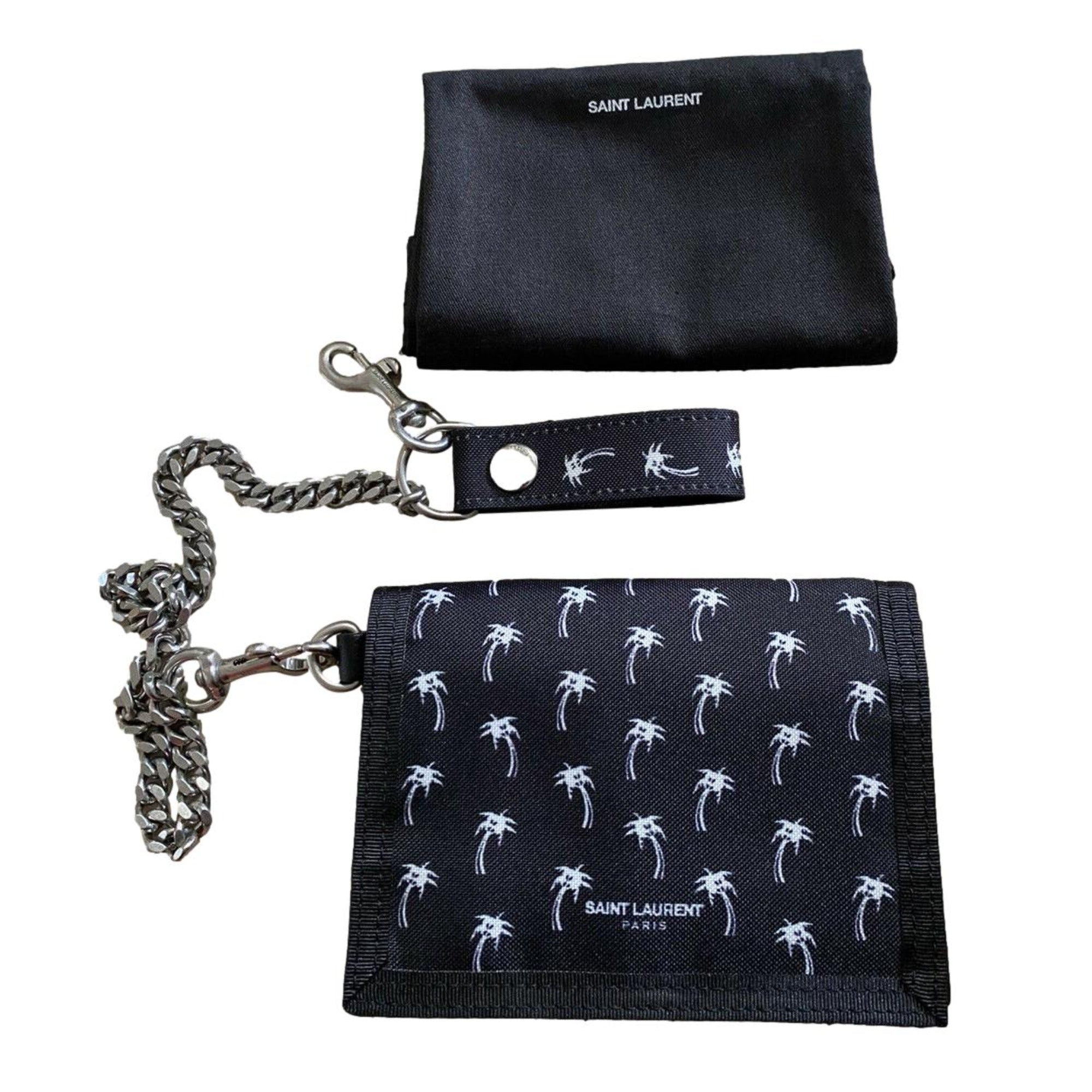 Saint Laurent Buffalo Palm Tree Black Nylon Chain Trifold Wallet 586279 at_Queen_Bee_of_Beverly_Hills