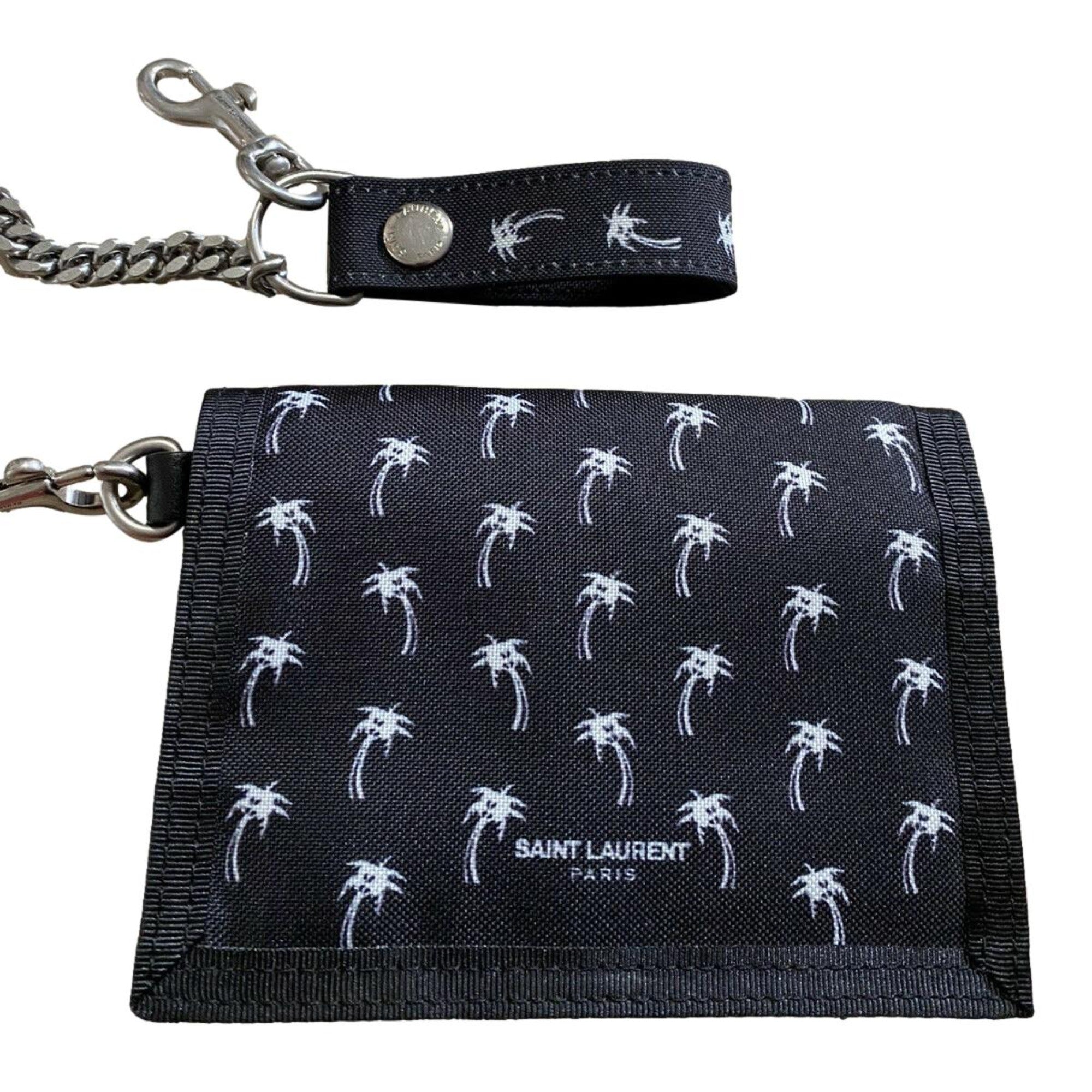 Saint Laurent Buffalo Palm Tree Black Nylon Chain Trifold Wallet 586279 at_Queen_Bee_of_Beverly_Hills