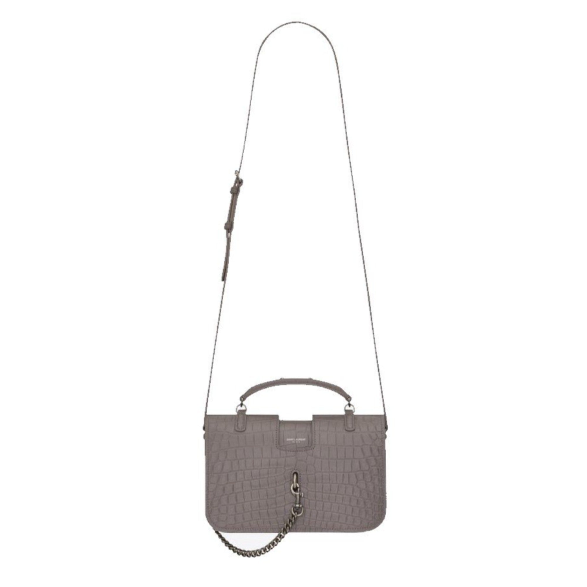 Saint Laurent Charlotte Crocodile Embossed Leather Grey Bag 486638 at_Queen_Bee_of_Beverly_Hills