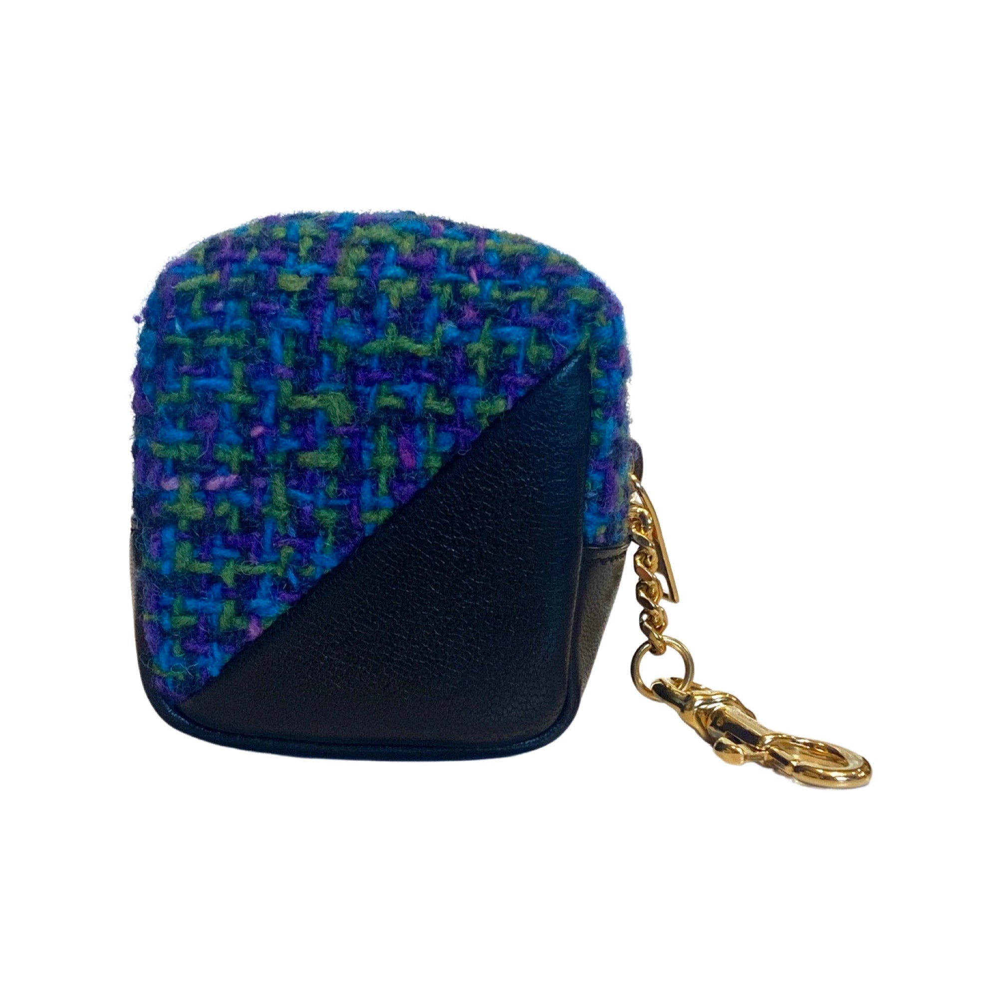 Saint Laurent Jamie YSL Keyring Cube Blue Tweed Black Leather 669964 at_Queen_Bee_of_Beverly_Hills